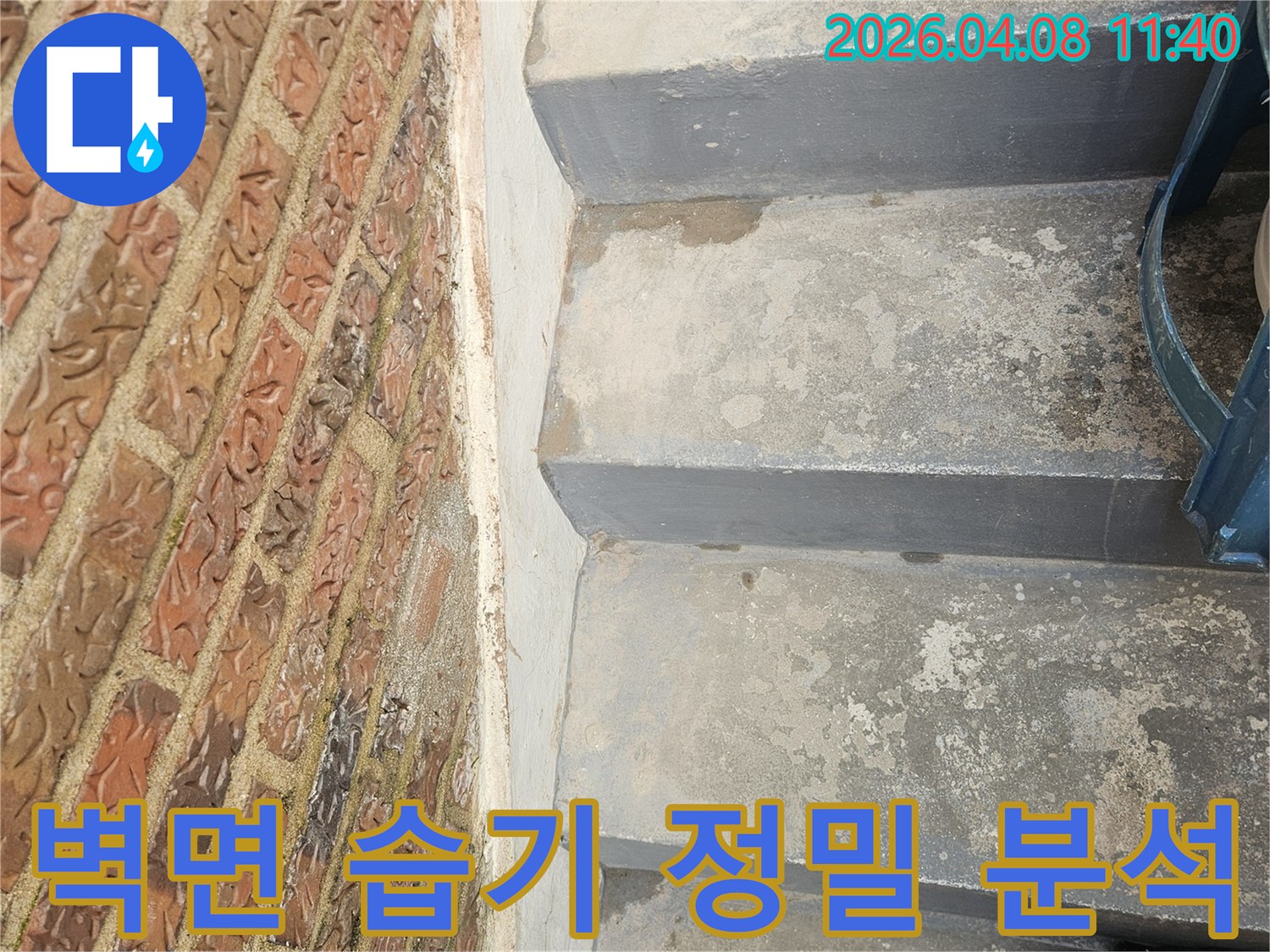 전문가가-송파구 주택의-콘크리트 벽면과-벽돌 바닥에 나타난-습기 현상을-자세히 분석하며-누수 원인을 파악하는 모습