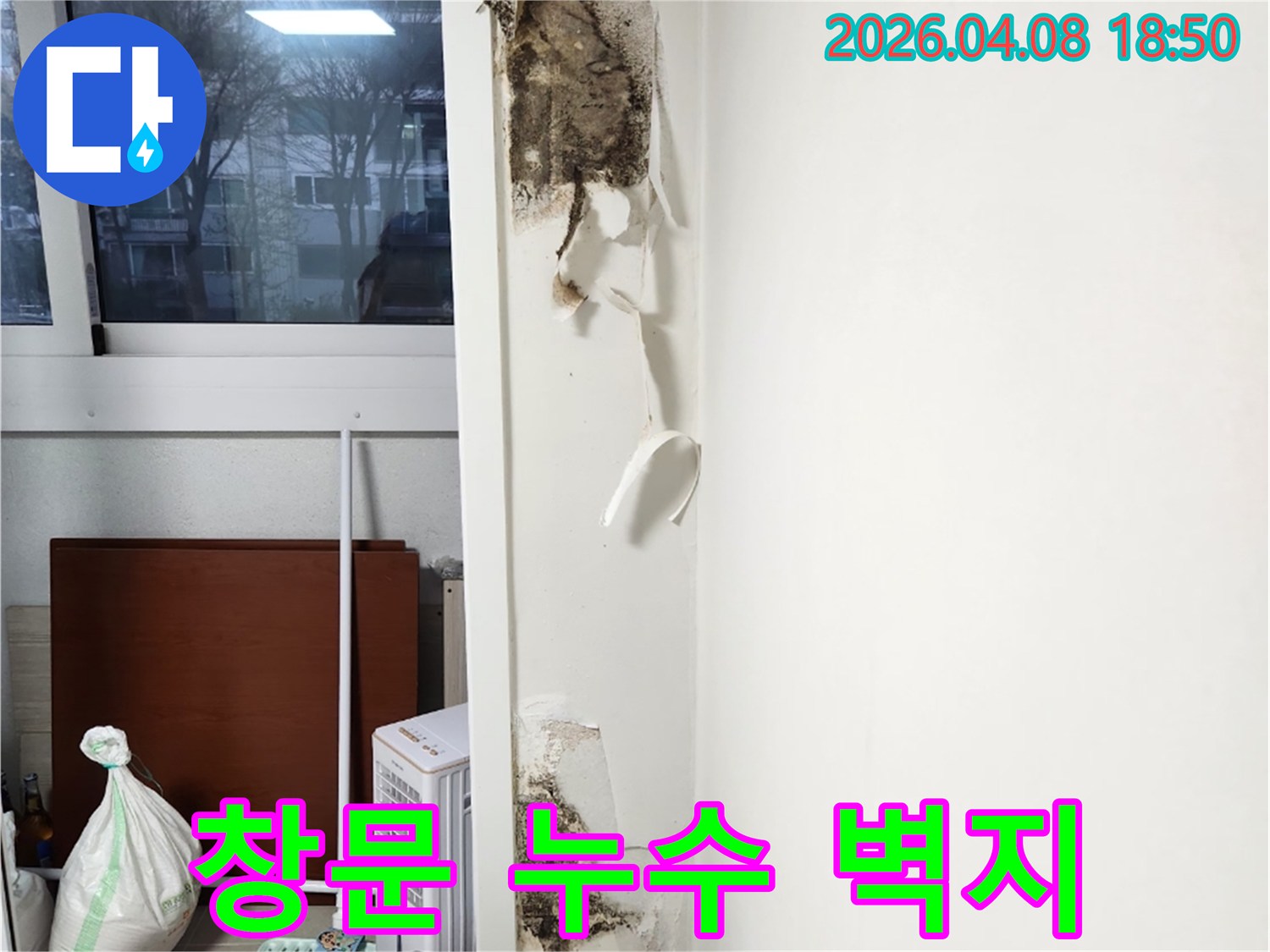 오랜-기간-방치된-창문-누수로-인해-벽지가-들뜨고-곰팡이가-심하게-번식한-주거-공간의-벽면을-촬영한-것입니다