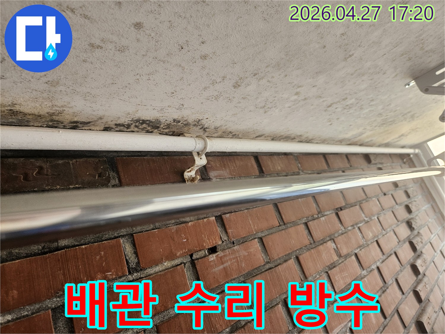 천장 콘크리트의 곰팡이와-녹슨 배관 지지대는-누수 탐지 후 배관 수리 및 방수 공사가 필요합니다