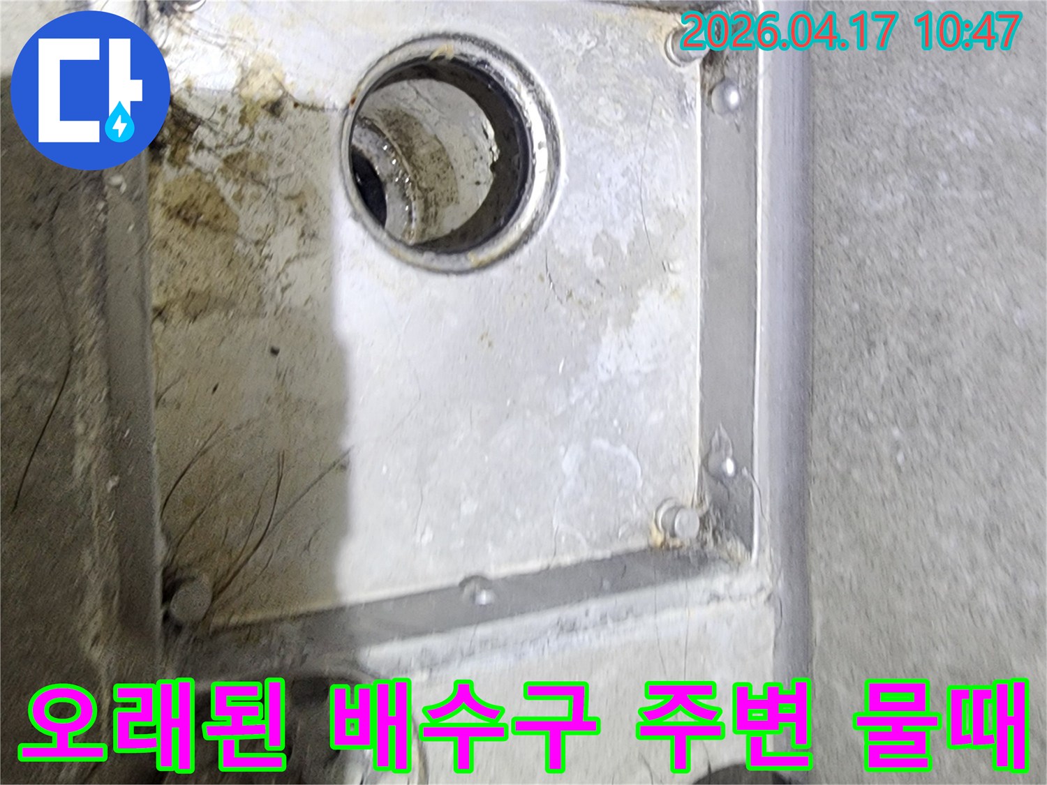 오래된 욕실 배수구 주변에-끼어있는 물때와-이물질을 통해-누수 가능성을-육안으로 점검하는 과정입니다