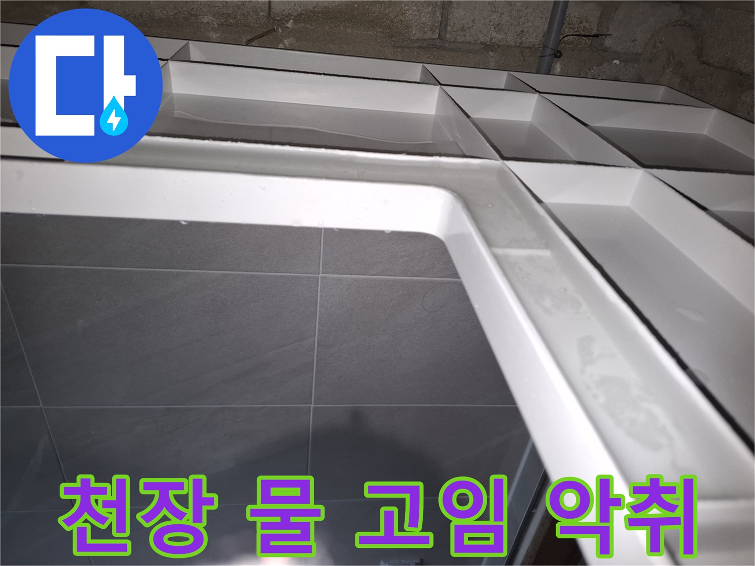 성남 분당 지역의-욕실 천장에서-누수로 인해-물이 고여있는 상태를-전문가가 분석하며-악취 발생 위험을 경고하는 현장 사진