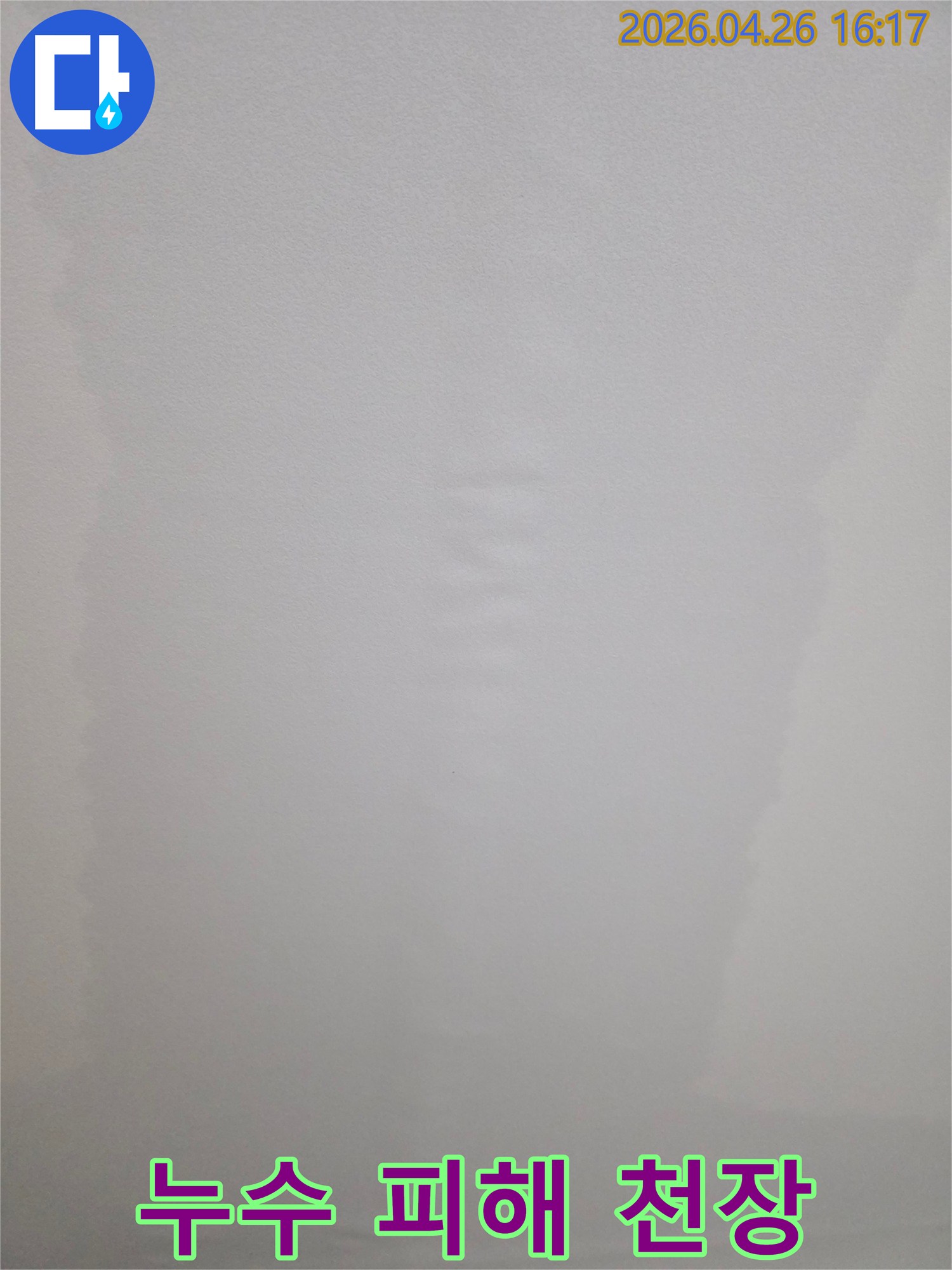 윗집 누수로 인해 아래층 천장에 생긴 심각한 물얼룩과 손상된 모습을 나타냅니다.
