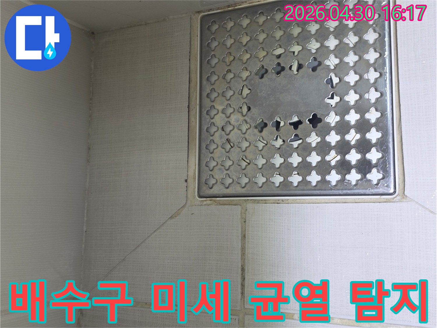 성동구 금호동 화장실-배수구 주변 타일에-육안으로 확인하기 어려운-미세한 균열을-정밀하게 탐지하는-전문가의 섬세한 작업