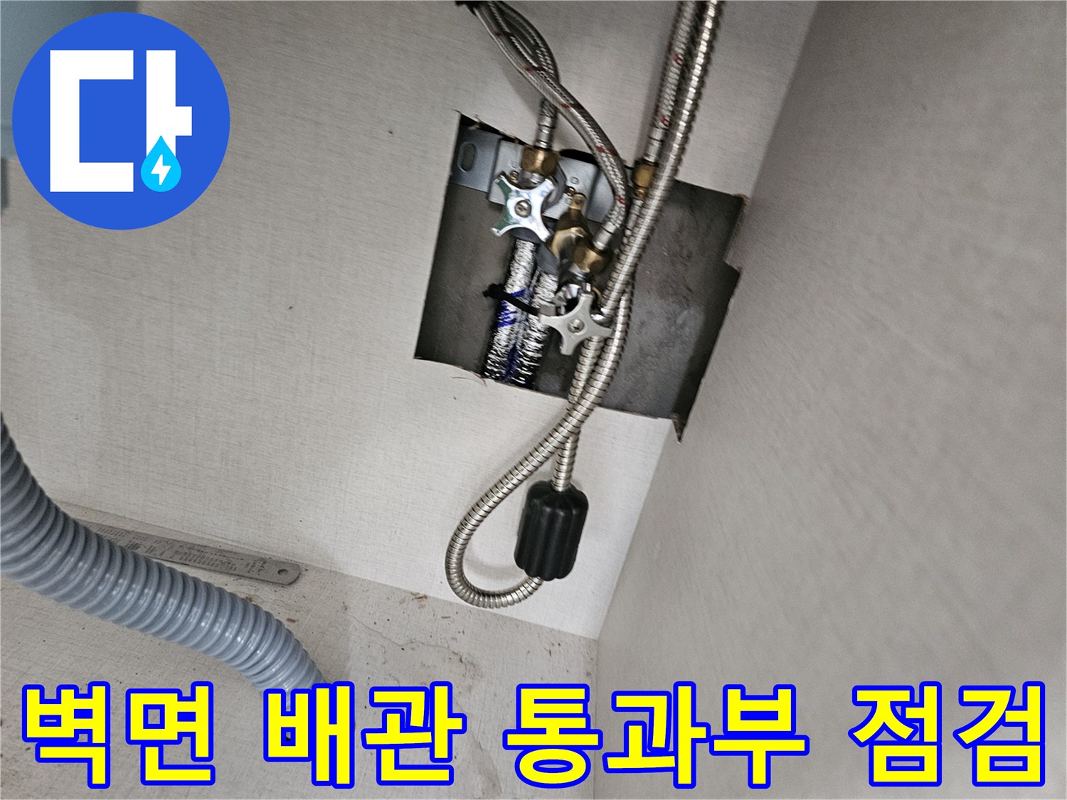 싱크대 하부 벽면을-통과하는 배관의-연결 부위와-주변 상태를-정밀하게 검사하는-현장 사진입니다