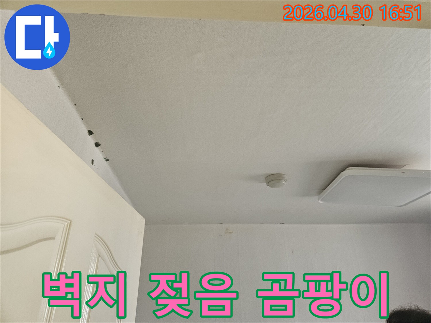 천장과-벽면-경계에-발생한-습기와-곰팡이로-인한-벽지-손상을-보여주는-사진입니다.