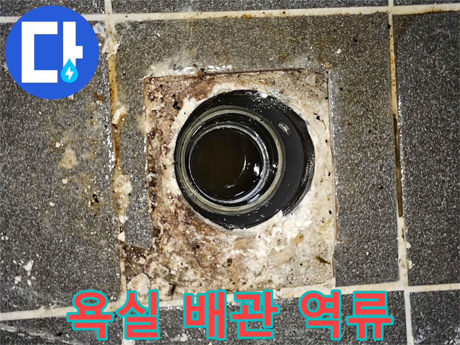 욕실 배관에서 오수가 역류하여-바닥에 고여있는 모습을 보여주는-긴급한 누수 상황의 사진입니다.