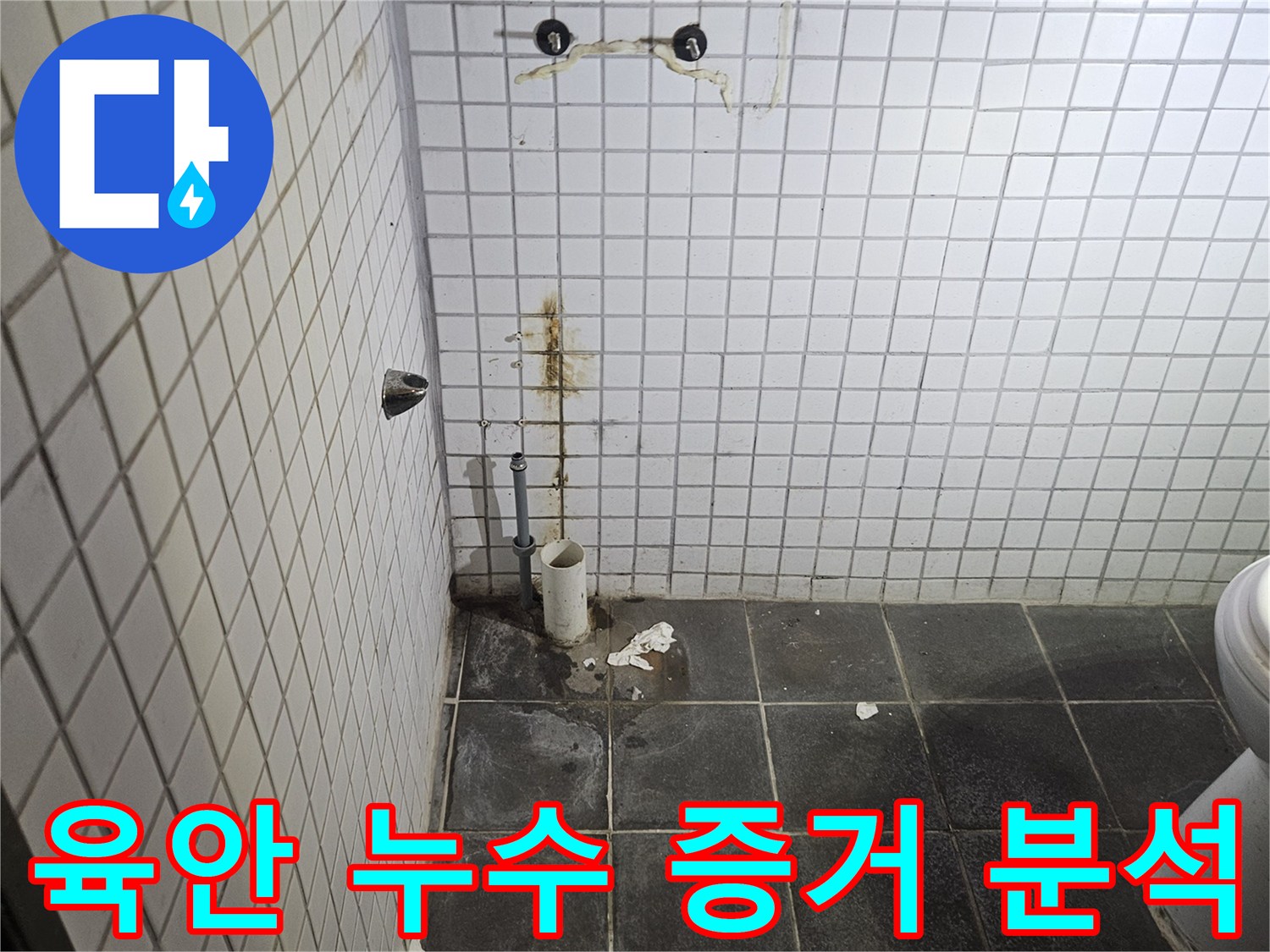 세면대 제거 후-욕실 벽면과 바닥에-드러난 다양한-육안 누수 증거를-면밀히 분석하는-누수 전문가