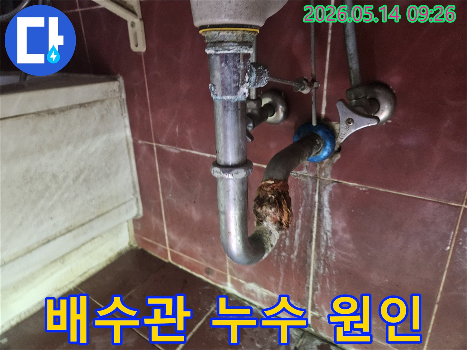 배수관에서 발생한 누수 지점을 정확히 파악하기 위해-현장을 면밀히 살피는 모습을 담은 사진입니다.