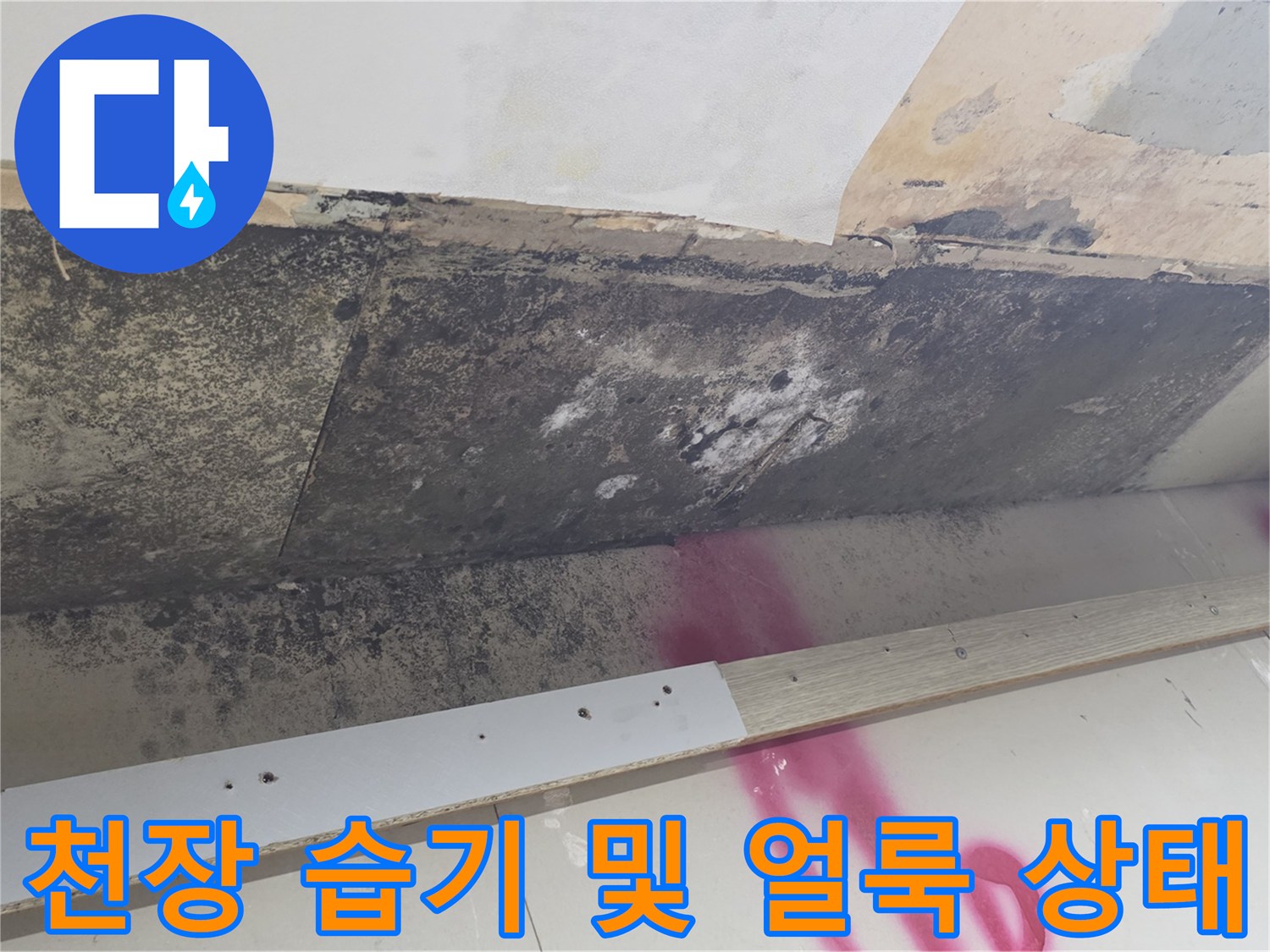 천장 마감재에 발생한-습기와 물자국 현황