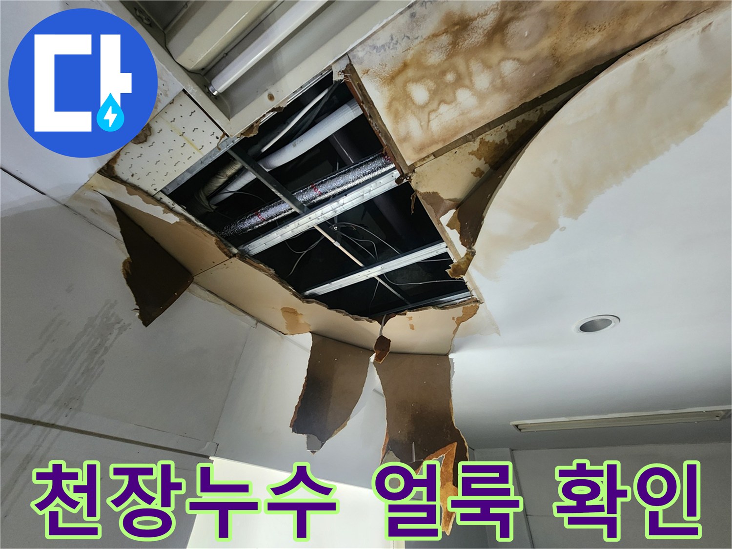 천장 마감재에 광범위하게 퍼진 물 얼룩과-파손된 천장 내부의 배관을 확인하는 모습입니다