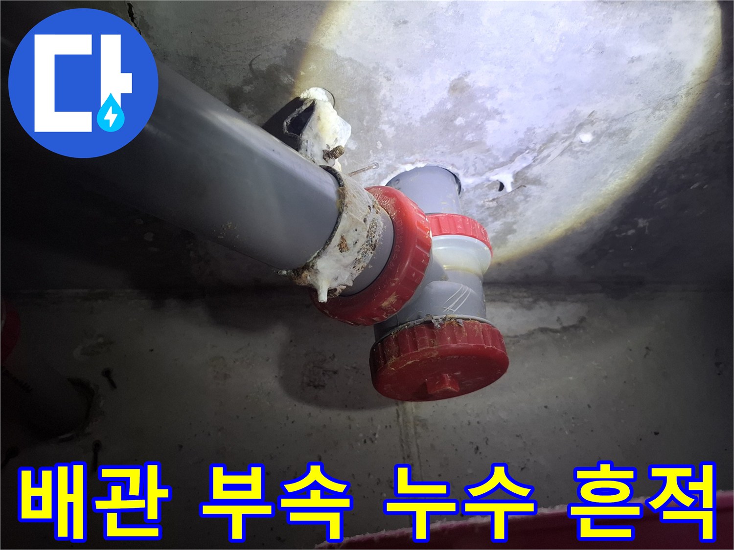 파주 화장실 천장-오수관 연결 부위의 하얀 이물질과 물자국