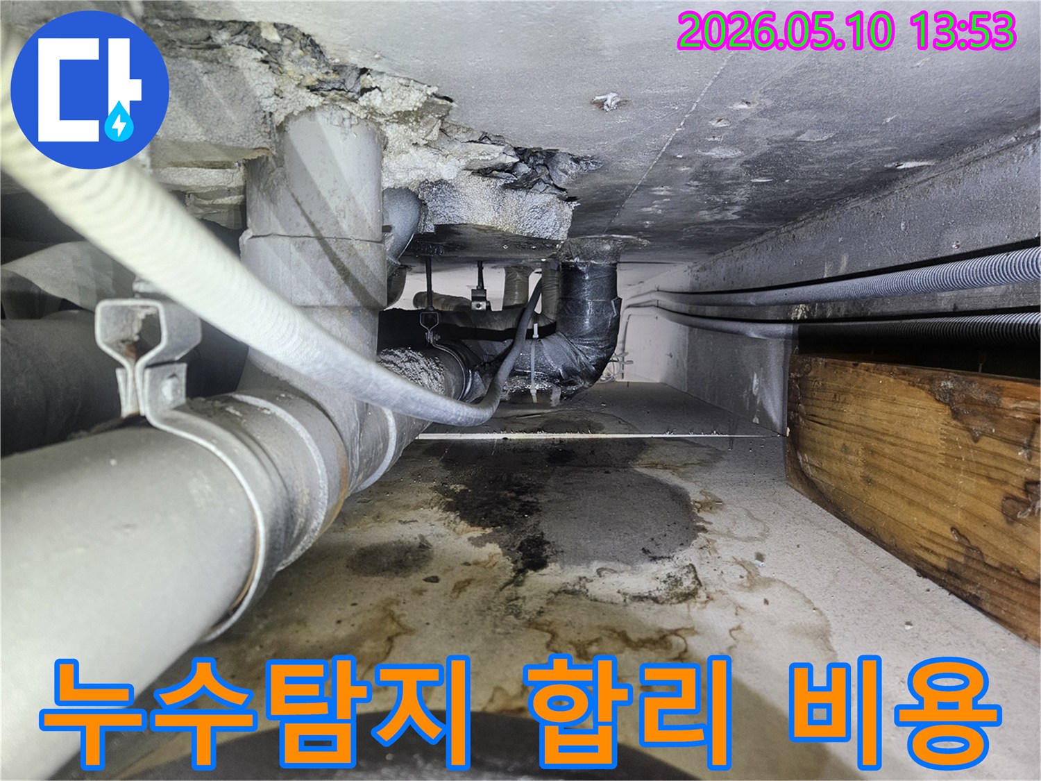 천장 배관 누수로-바닥에 물이 고인 현장에서-합리적인 견적으로-누수탐지 비용을 안내하는 모습