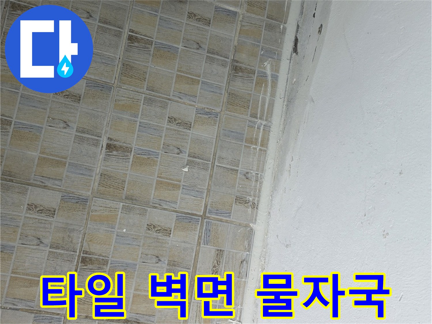 베란다 타일 상단부-천장 경계면에 나타난 젖은 흔적과 변색 현상