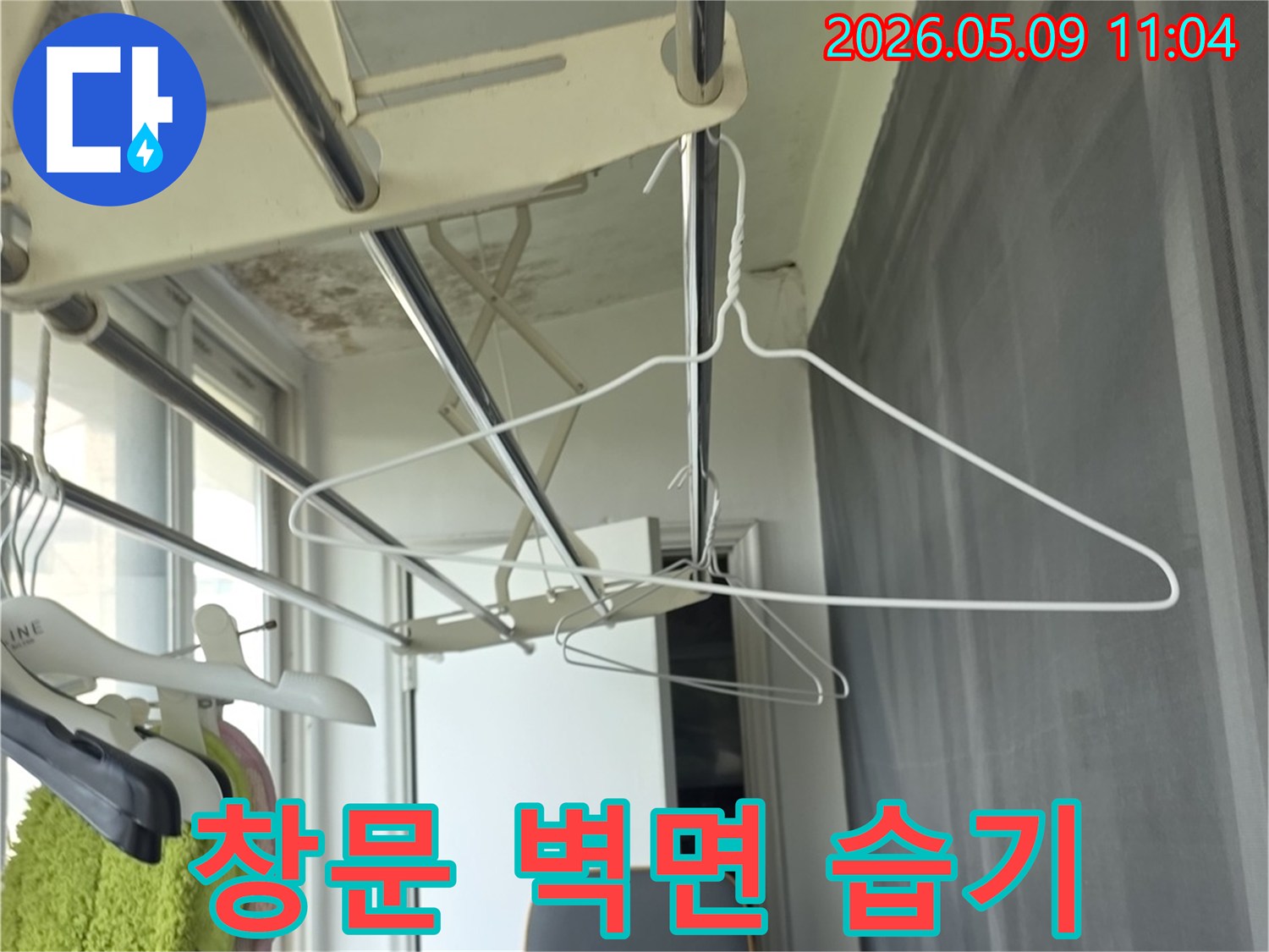창문 주변 벽면에 습기가 차고-곰팡이가 번식한 심각한 상태의 벽면