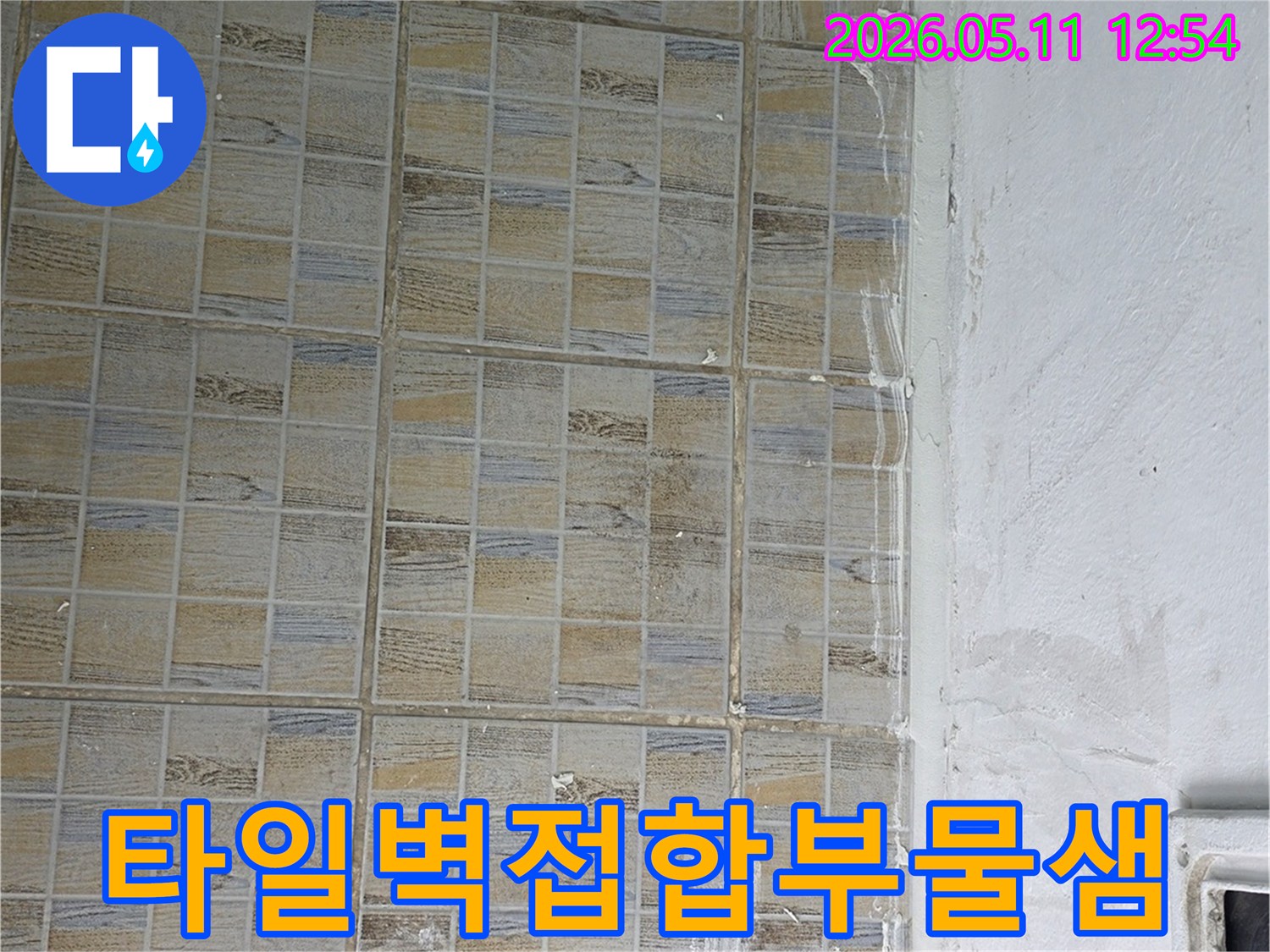 타일과-벽면-접합부에서-발견된-물샘-흔적과-손상-징후를-보여주는-사진