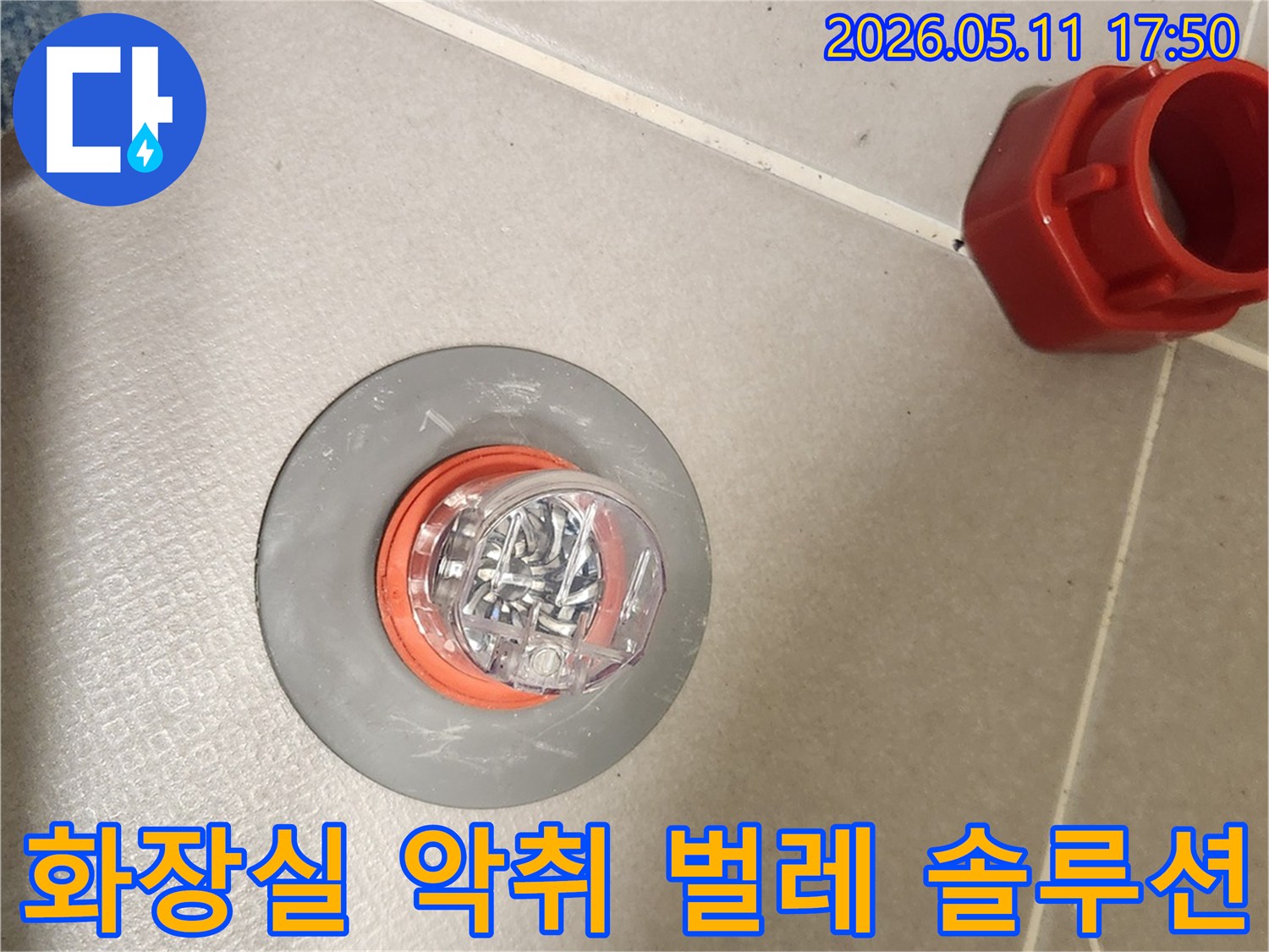 화장실 배수구에 설치된 악취 및 벌레 방지 트랩-하수구에서 올라오는 불쾌한 냄새와 해충을 효과적으로 차단합니다