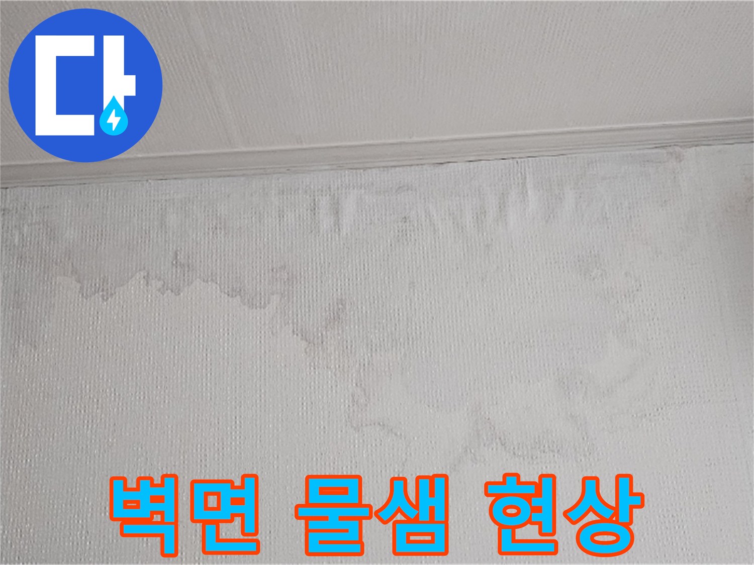 벽면에 넓게 퍼진 물자국은 누수가 진행되고 있음을 명확히 보여줍니다-전문적인 진단으로 해결해야 합니다