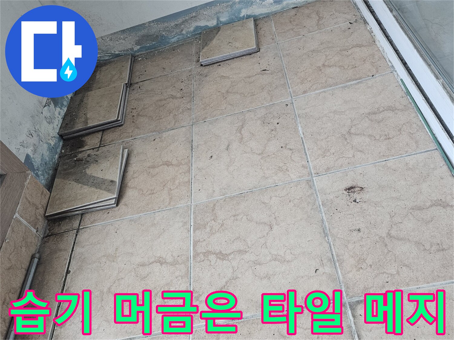 물샘 증상이 나타난-베란다 벽면 타일의 균열과 오염 상태