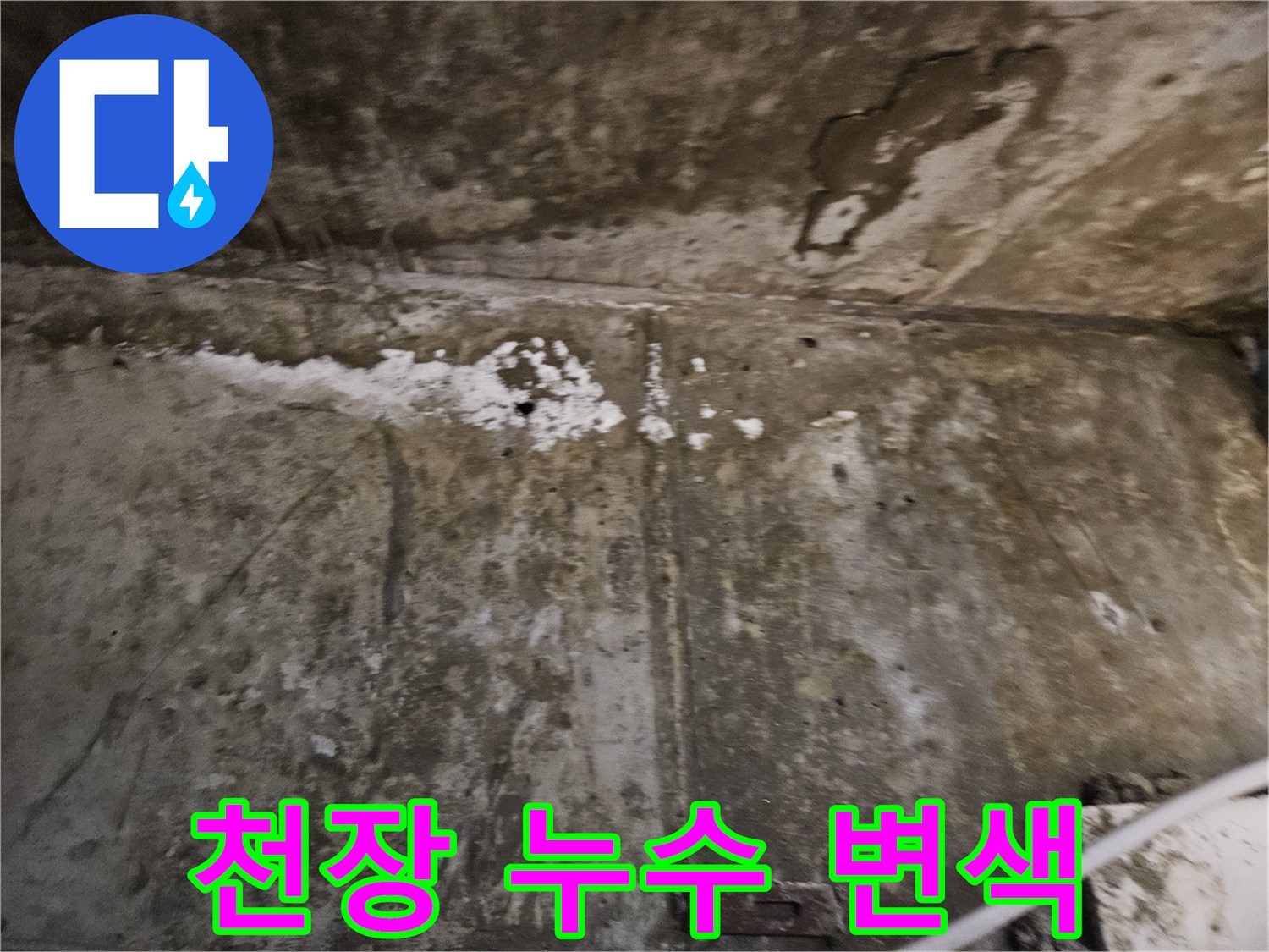 물샘 현상으로 인해 검게 변한 천장 콘크리트 부위