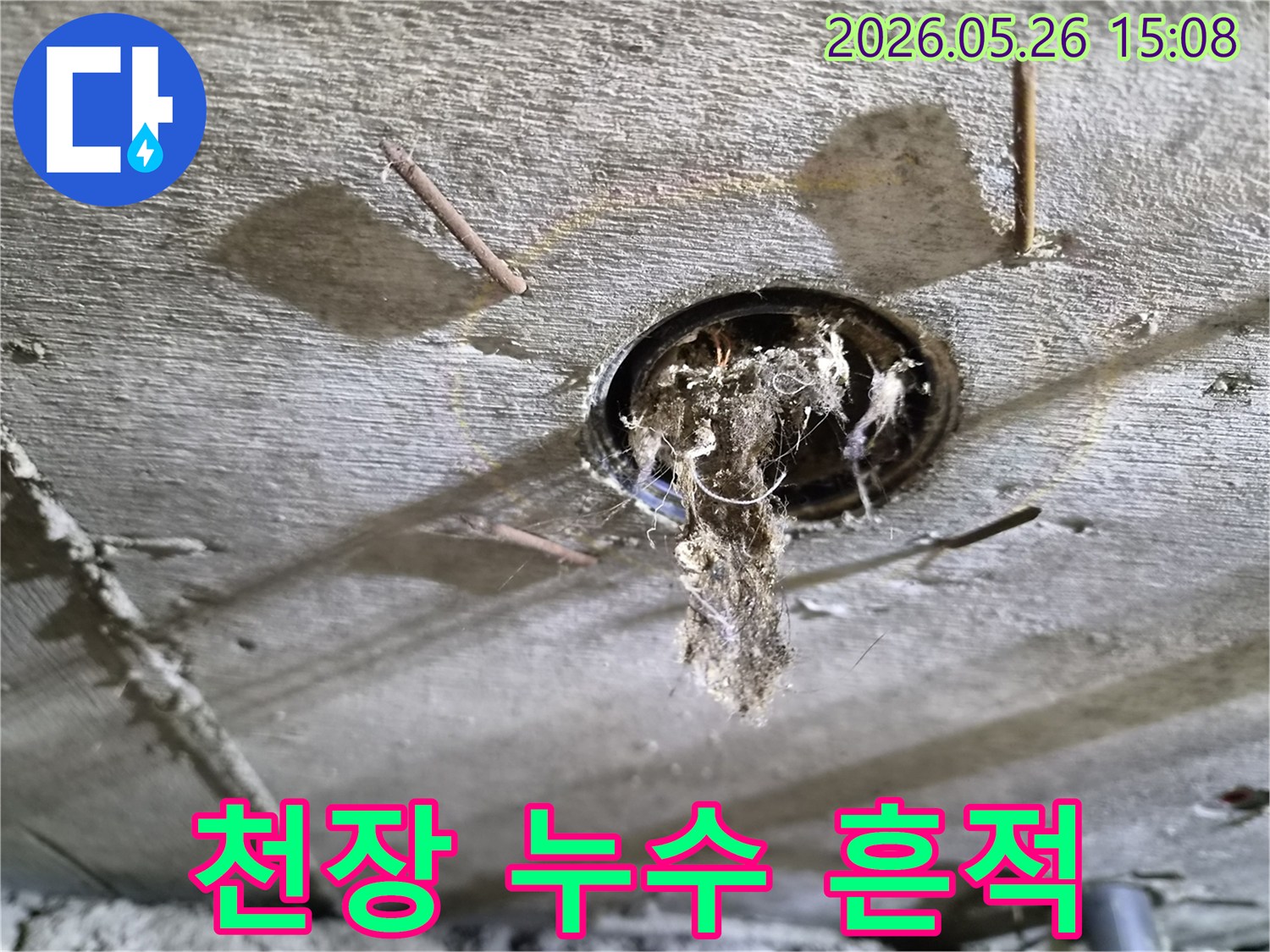 콘크리트 천장 구멍에서-오래된 이물질과-물방울이-맺힌-누수-현장의-상황을-보여주는-사진