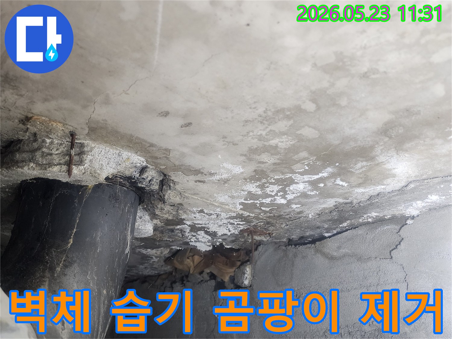 누수로 인해-벽체 배관 주변에-심각하게 발생한-습기와 곰팡이를-제거하고-보수해야 하는-현장의 모습