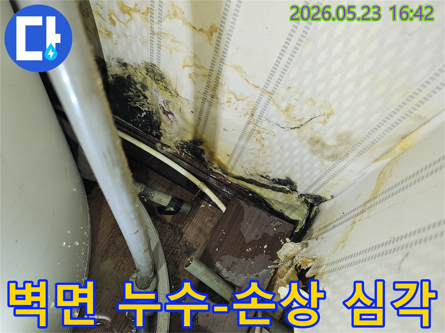 벽면 하단부가 물에 젖어-심하게 손상되고-곰팡이가 번식한-누수 현장 사진입니다.