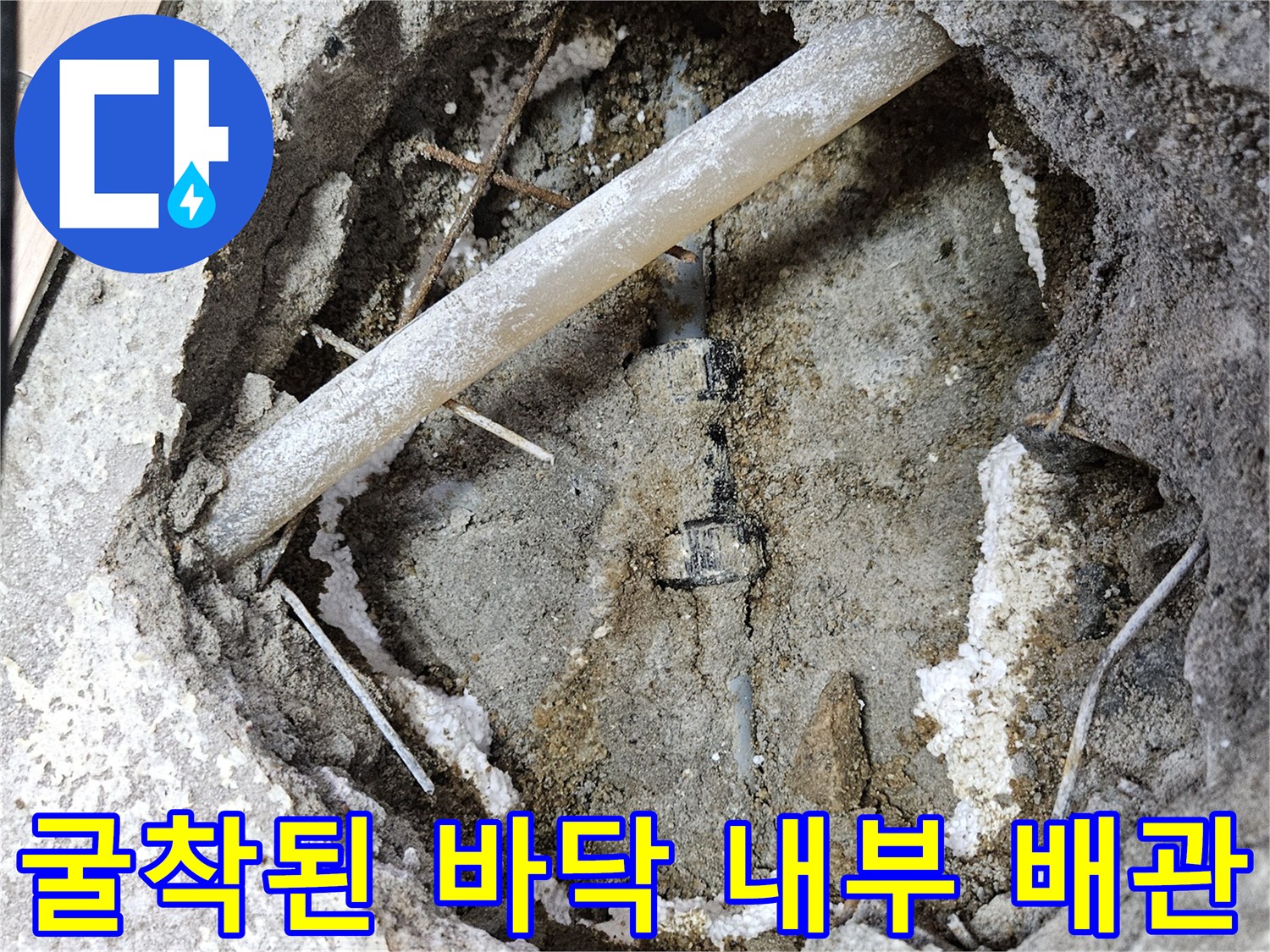 매립 배관 - 흙과 시멘트 사이로 드러난 누수 의심 배관