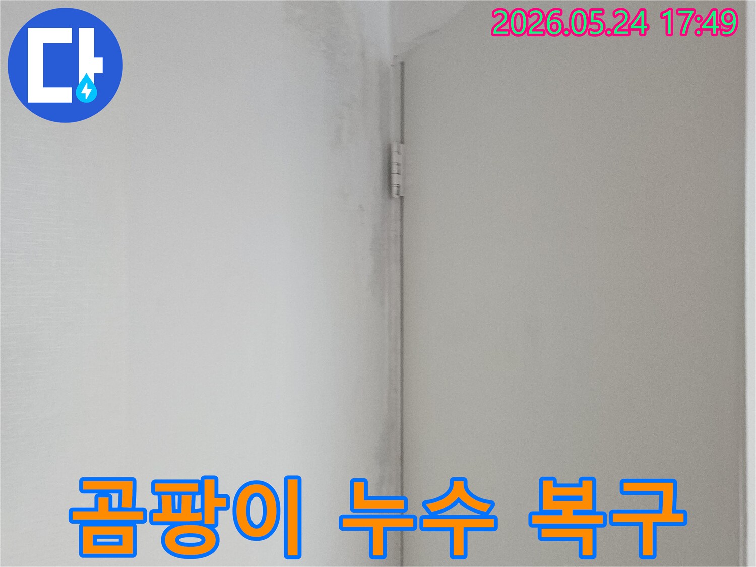 천장과 벽이 만나는 부분에 물기로 인해 생긴 곰팡이와 얼룩-누수 문제를 명확히 보여줍니다.