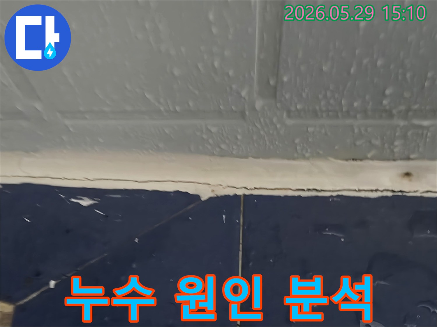천장과 벽면 경계-물이 스며들어 물방울이 맺힌 모습-누수 전문가가 원인을 면밀히 분석 중
