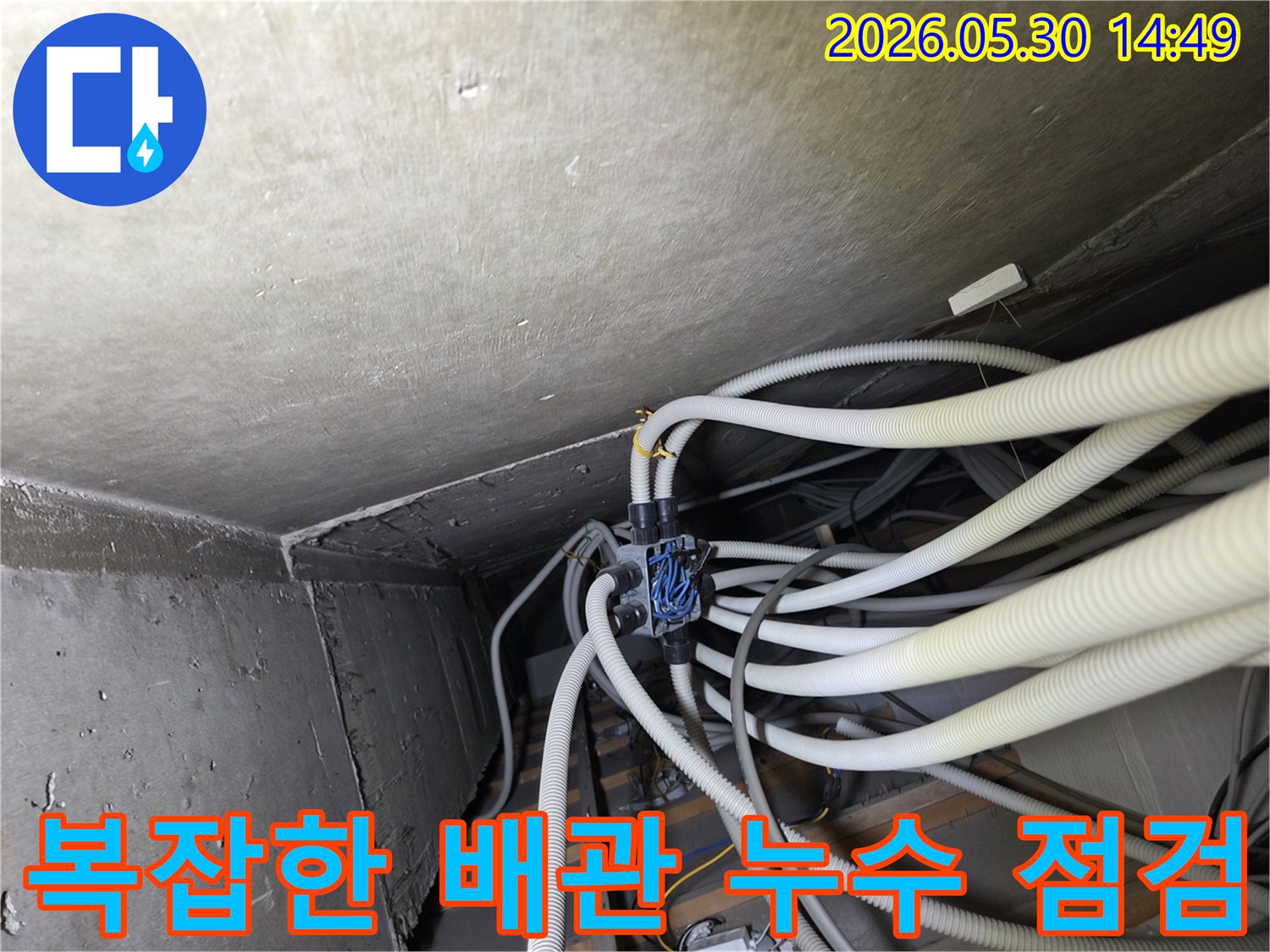 누수-탐지-전문가가-복잡하게-얽힌-천장-배관을-정밀-점검하는-모습