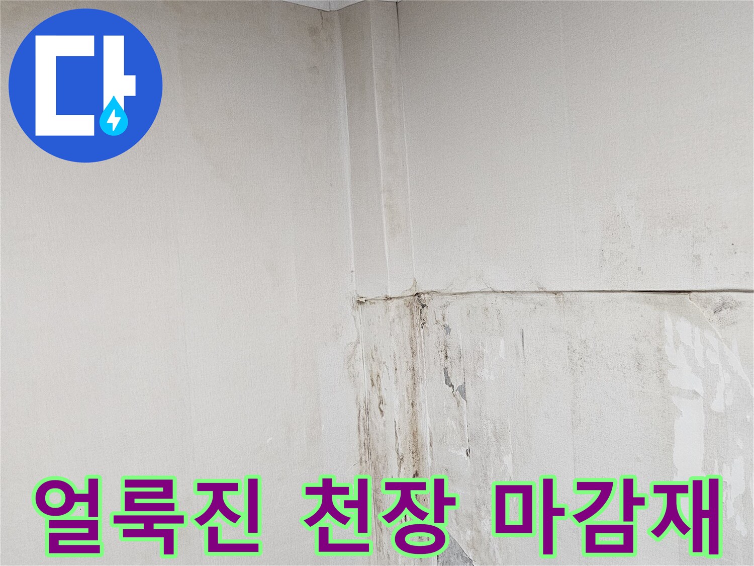 습기로 인해 얼룩지고 들뜬 상가 천장과 벽면의 누수 피해 부위