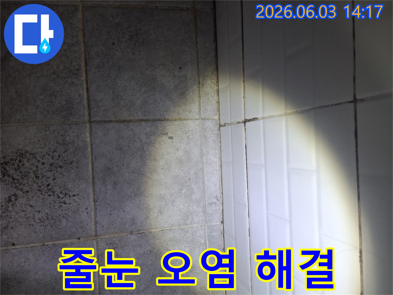 빌라-욕실-타일-사이-줄눈의-심한-오염과-그로-인한-누수-문제를-해결하기-위해-조사하는-현장-사진입니다