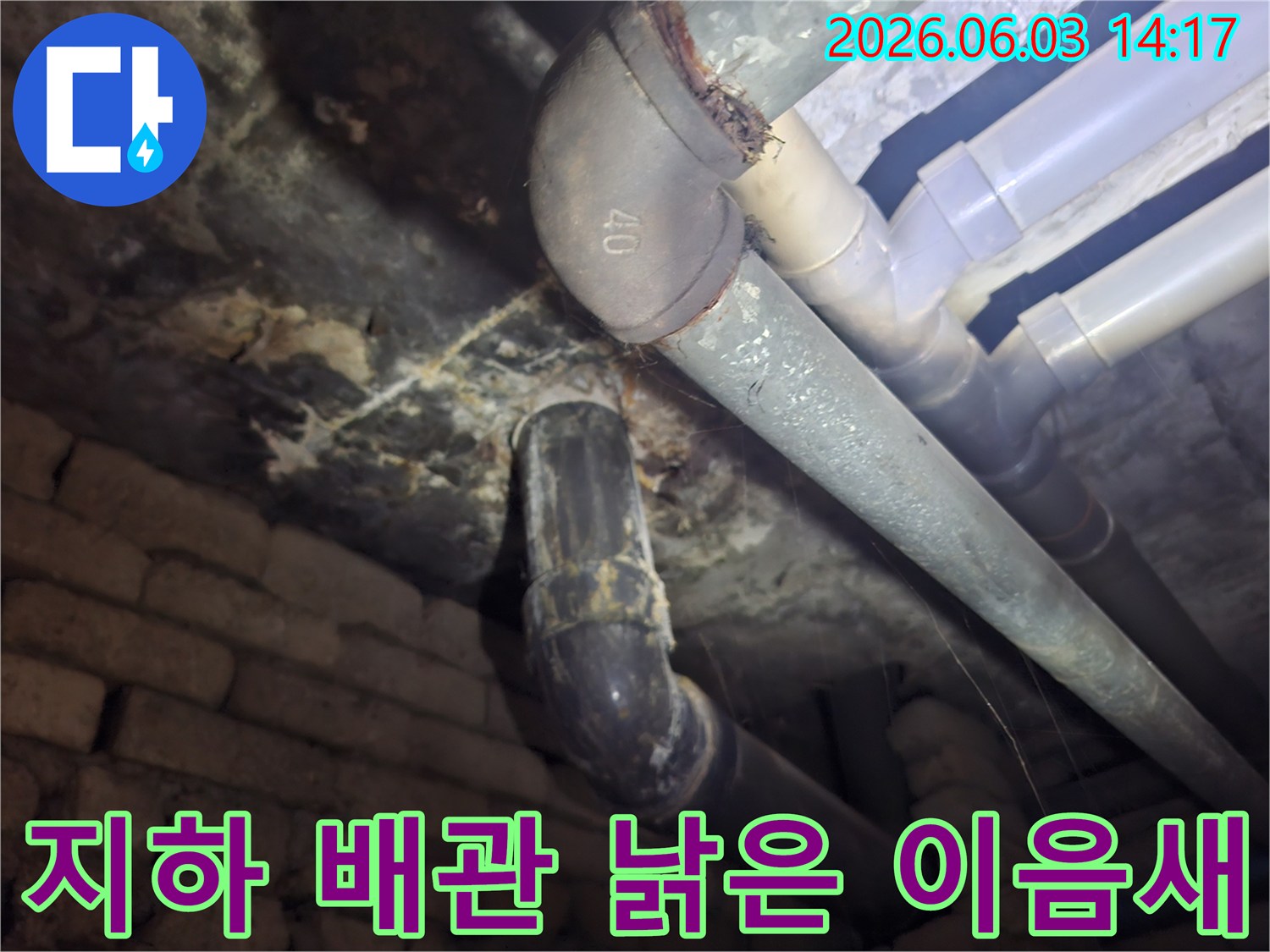주택 지하의 낡은 배관 이음새에서-누수 발생 가능성을 확인하기 위해-전문가가 세밀하게 점검하는 모습