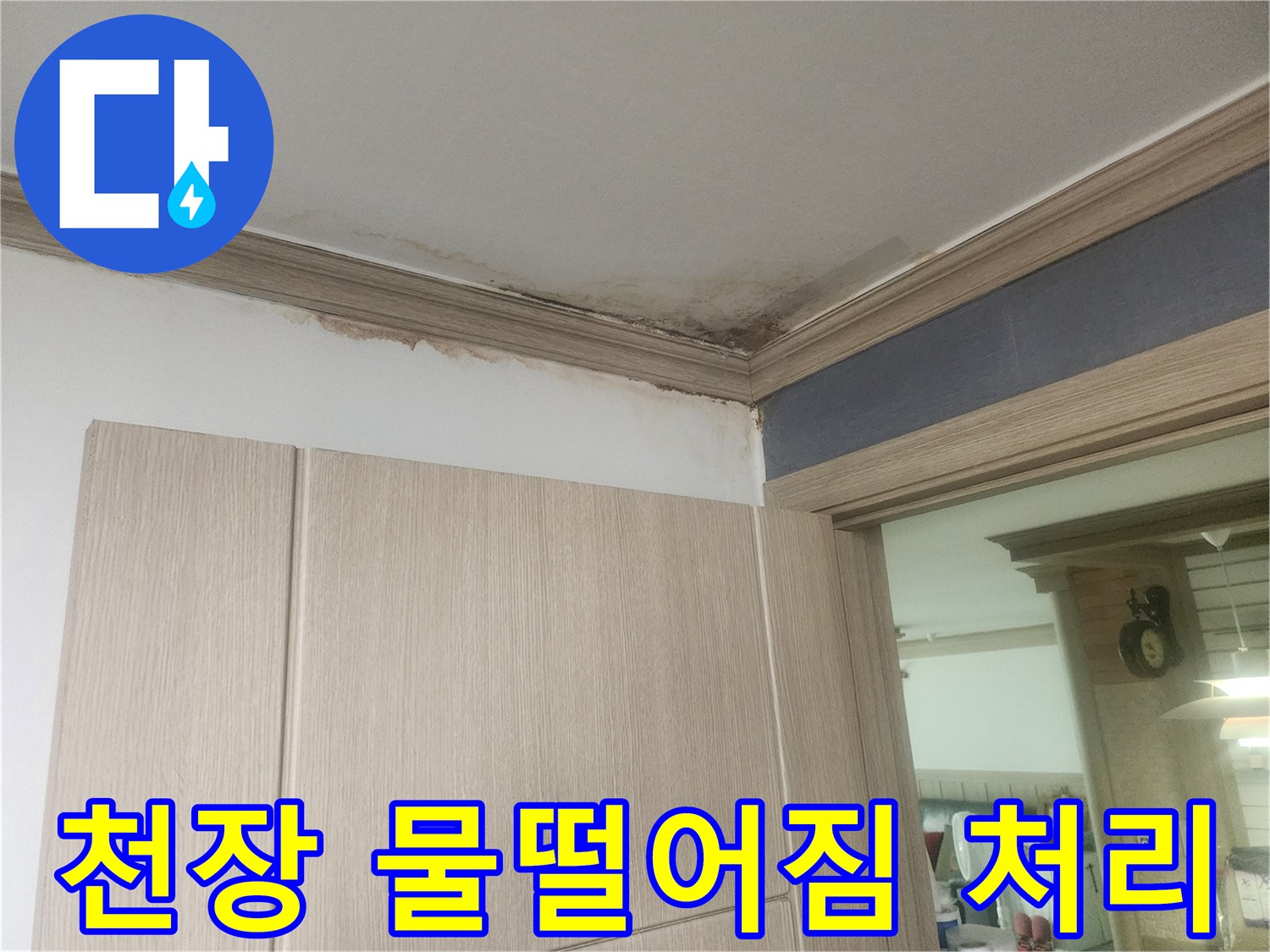 천장-모서리에-발생한-누수-얼룩과-곰팡이-현상으로-천장에서-물이-떨어지는-긴급-상황입니다.