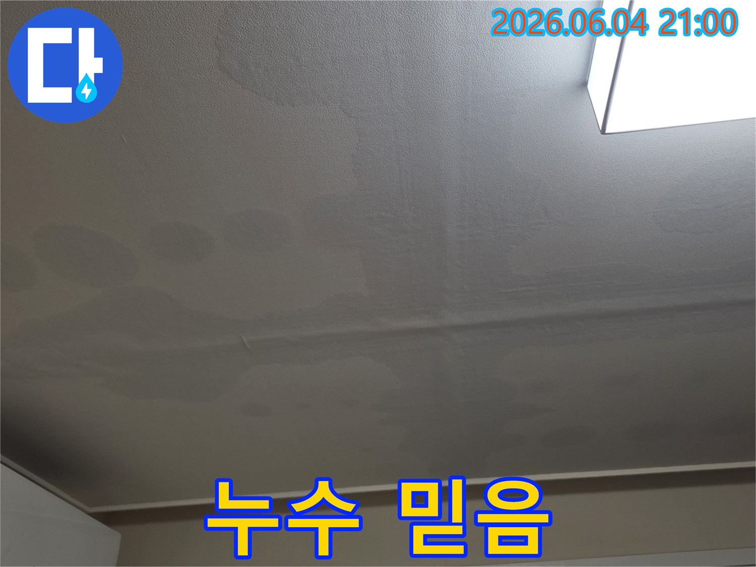 천장 표면에 물이 스며들어 생긴 얼룩과 변색이 명확하게 보이는 이미지입니다-누수 문제의 심각성을 보여줍니다.