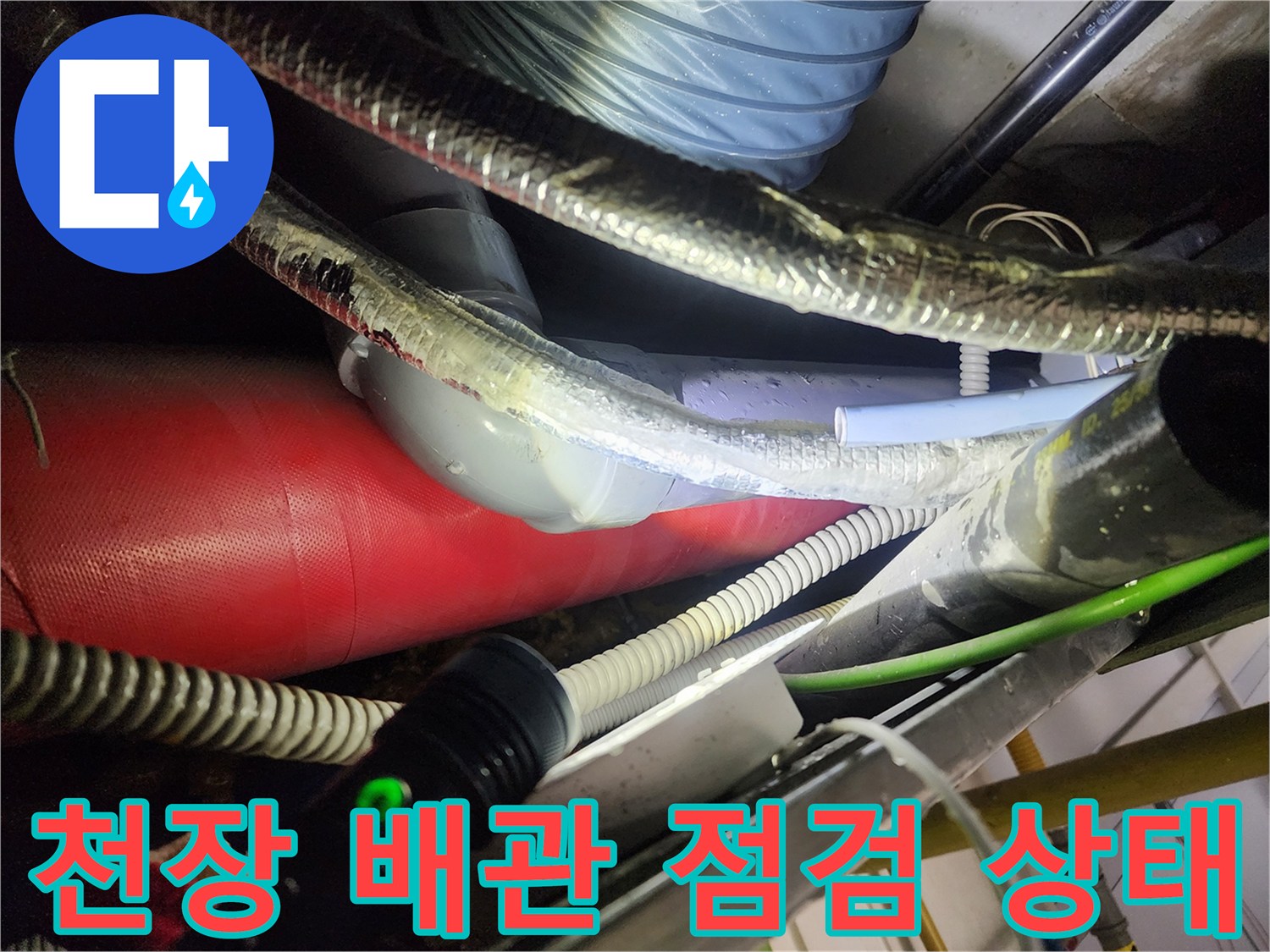 분당 정자동 현장의 천장 배관 및 하수관 연결 부위 점검 모습입니다.