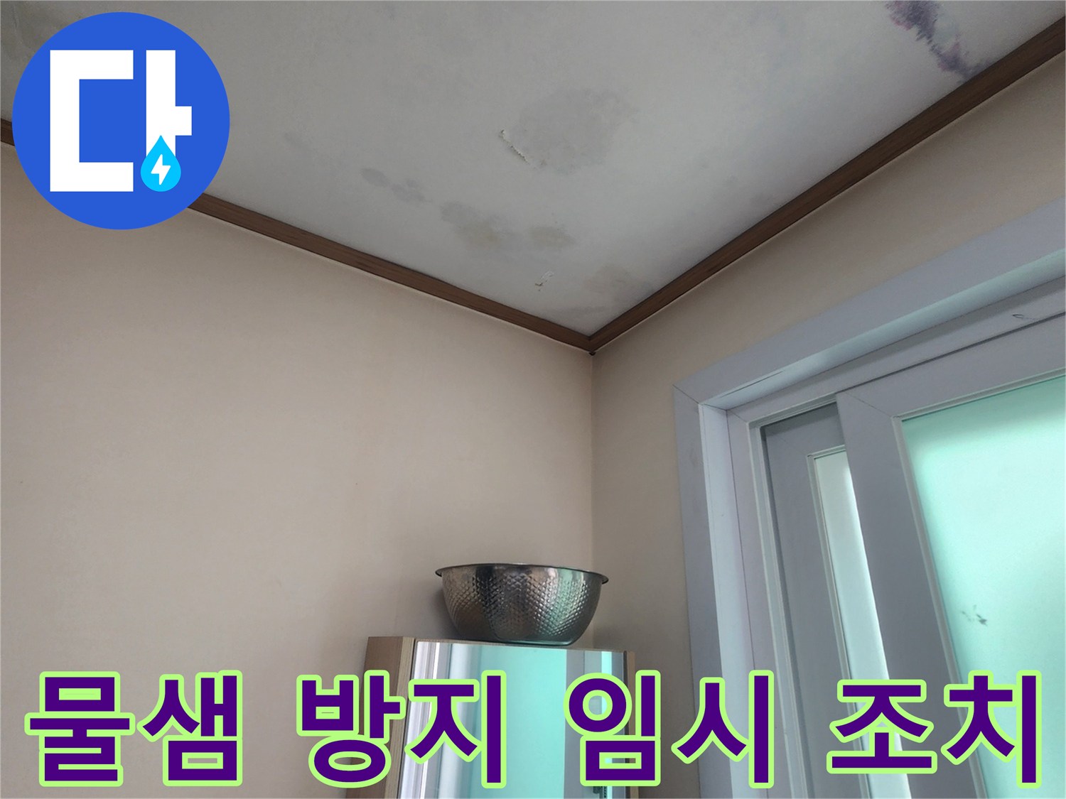 천장과 벽면의 물 얼룩과-습기로 인한 곰팡이-그리고 물을 받는 양동이