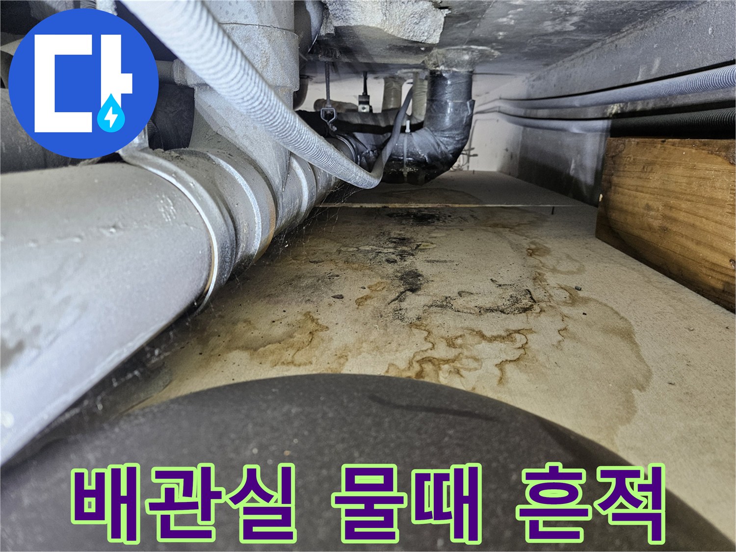 천장 슬라브의 젖은 부위와 배관 하단 오염 상태