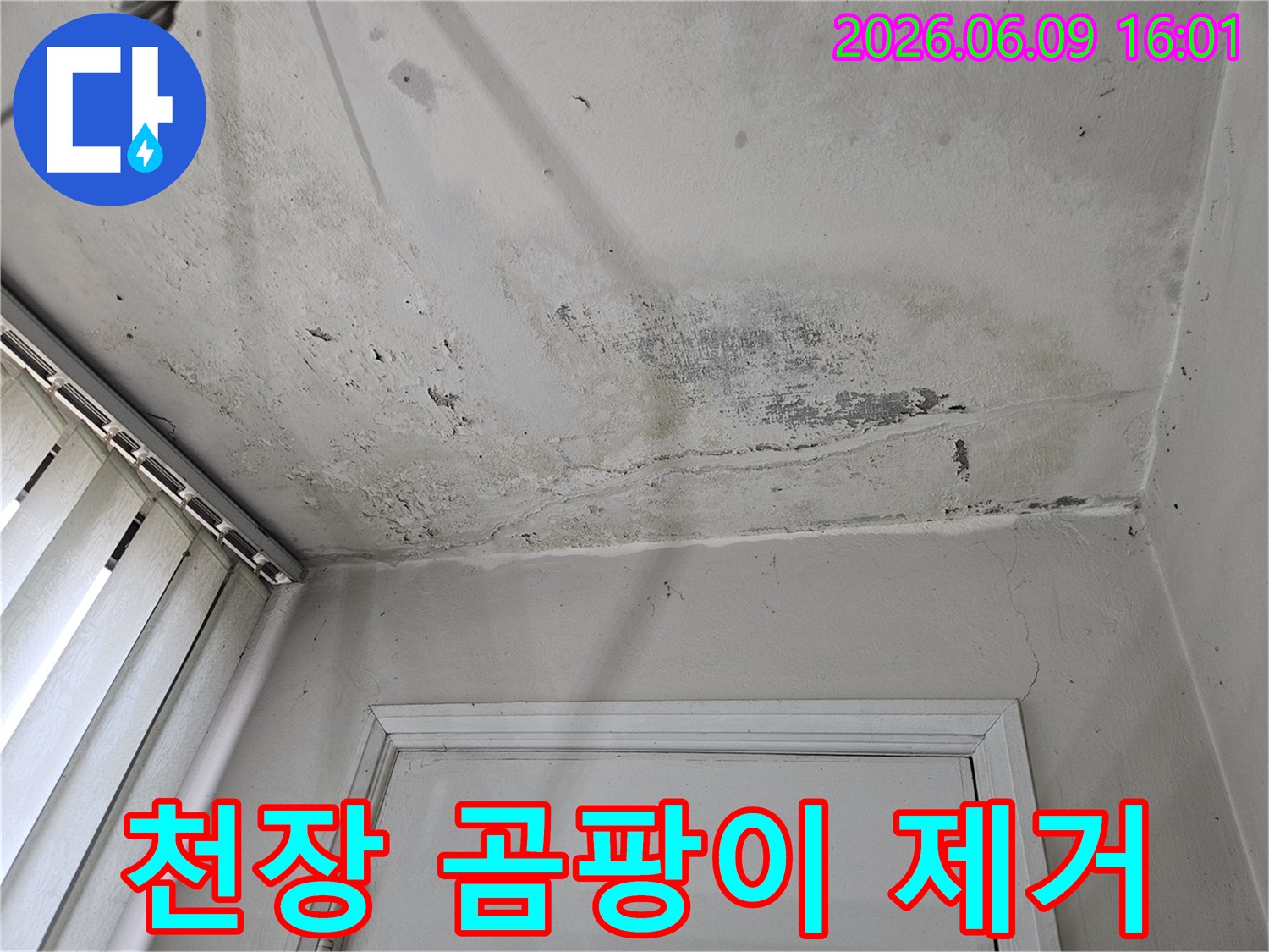 누수로-인해-천장-벽지에-피어난-곰팡이와-변색-현상을-보여주는-사진으로-제거-및-보수-전-상황