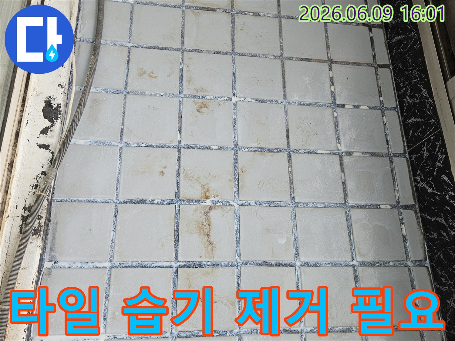의정부 호원동 한신아파트에서-누수로 인해 타일 아래 발생한 습기를 제거하고-건조 작업을 진행하기 위한 현장 점검
