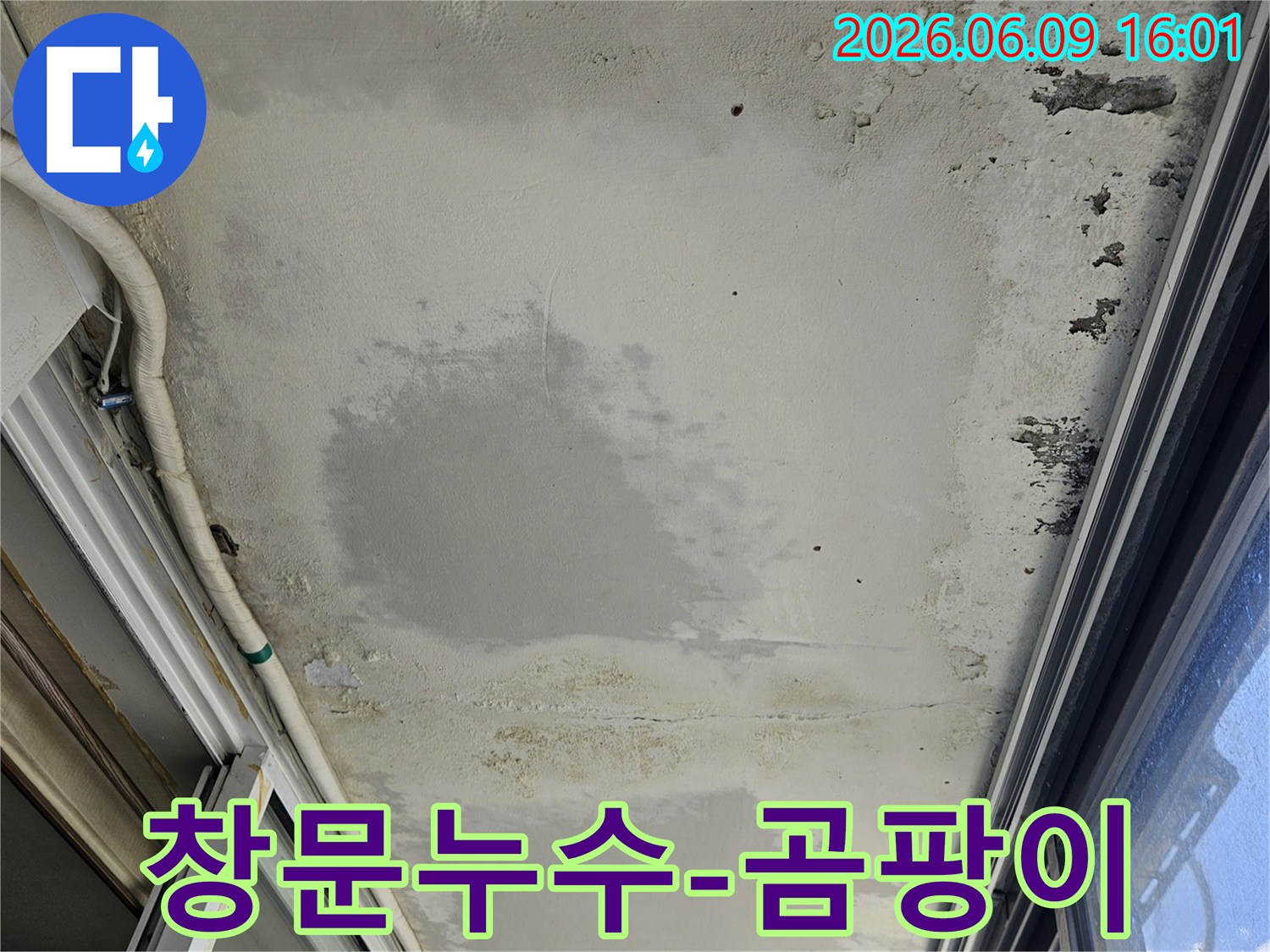 창문 주변 벽면에-누수로 인한-심한 곰팡이와-물자국이 선명하게-보이는 현장입니다