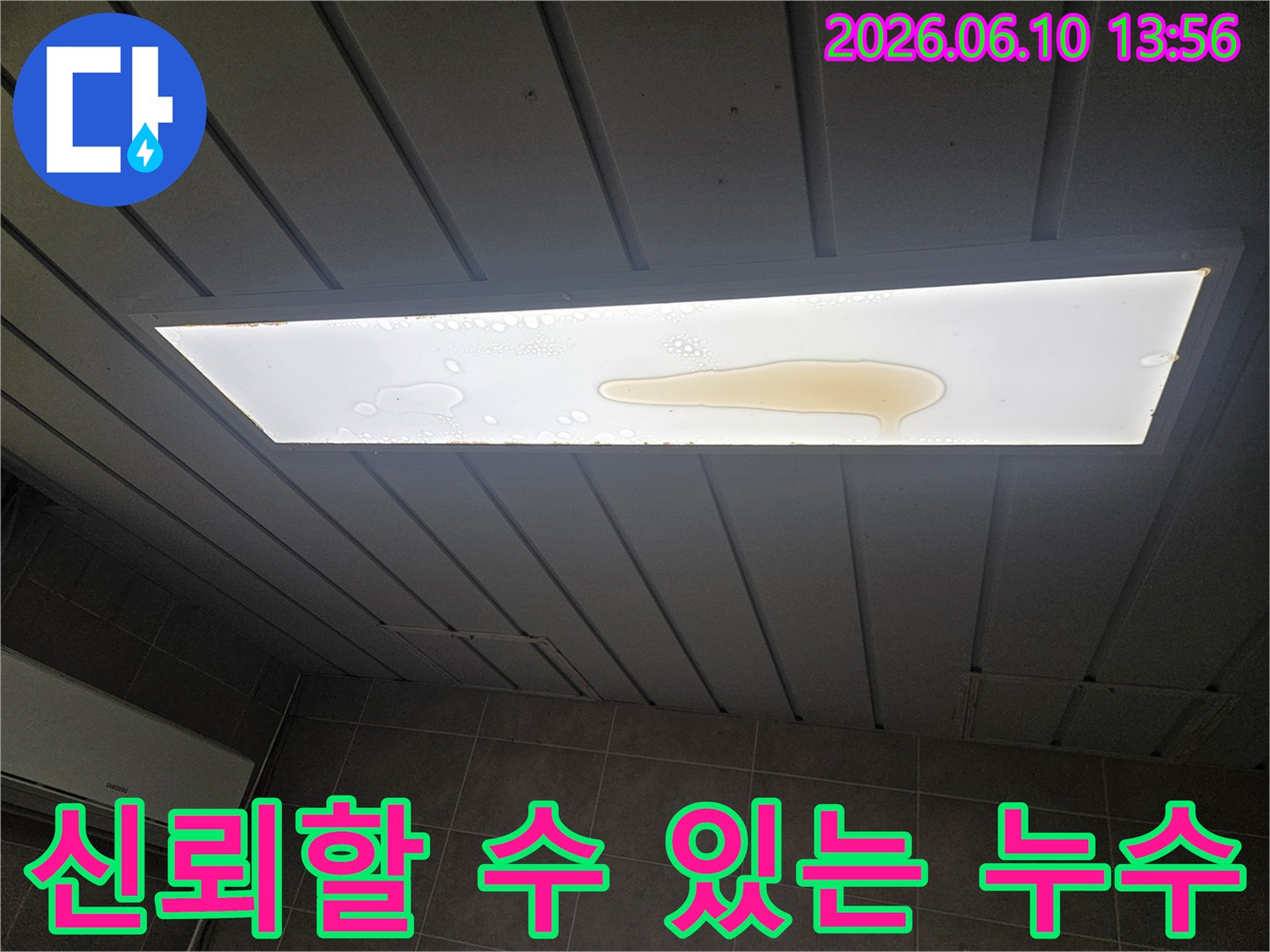 천장 조명 커버 위에 누수로 인해 물이 고여 있는 모습입니다-누수전문가의 신뢰할 수 있는 공사가 필요합니다.