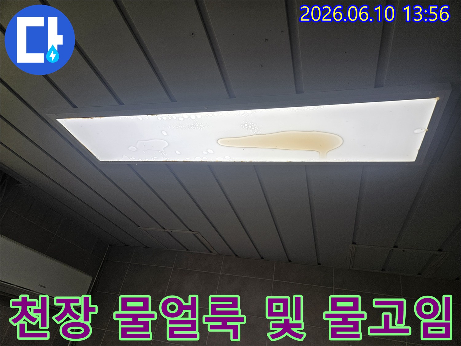 천장 조명등 커버 위에 누수로 인해 물이 고여 있고 주변에 얼룩이 보이는 사진입니다-이는 건물 구조에 심각한 손상을 줄 수 있습니다.