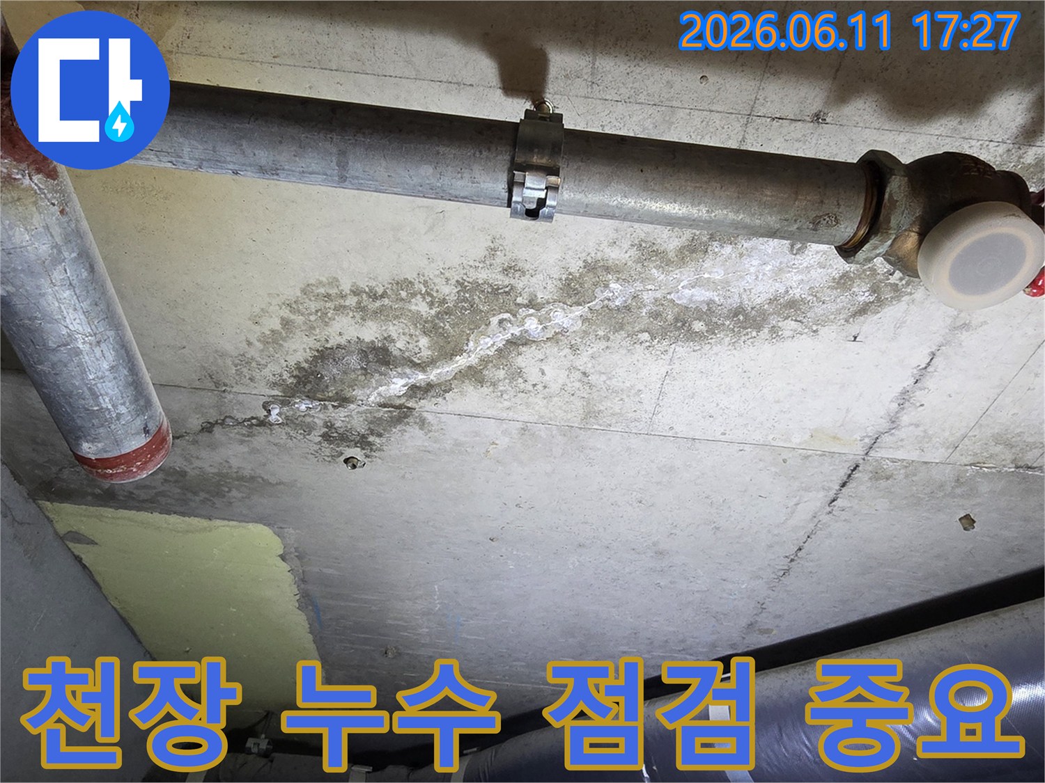 천장 콘크리트의-배관 주변에-누수로-인한-물자국과-하얀-백화 현상이-뚜렷하게-보이는-상태입니다