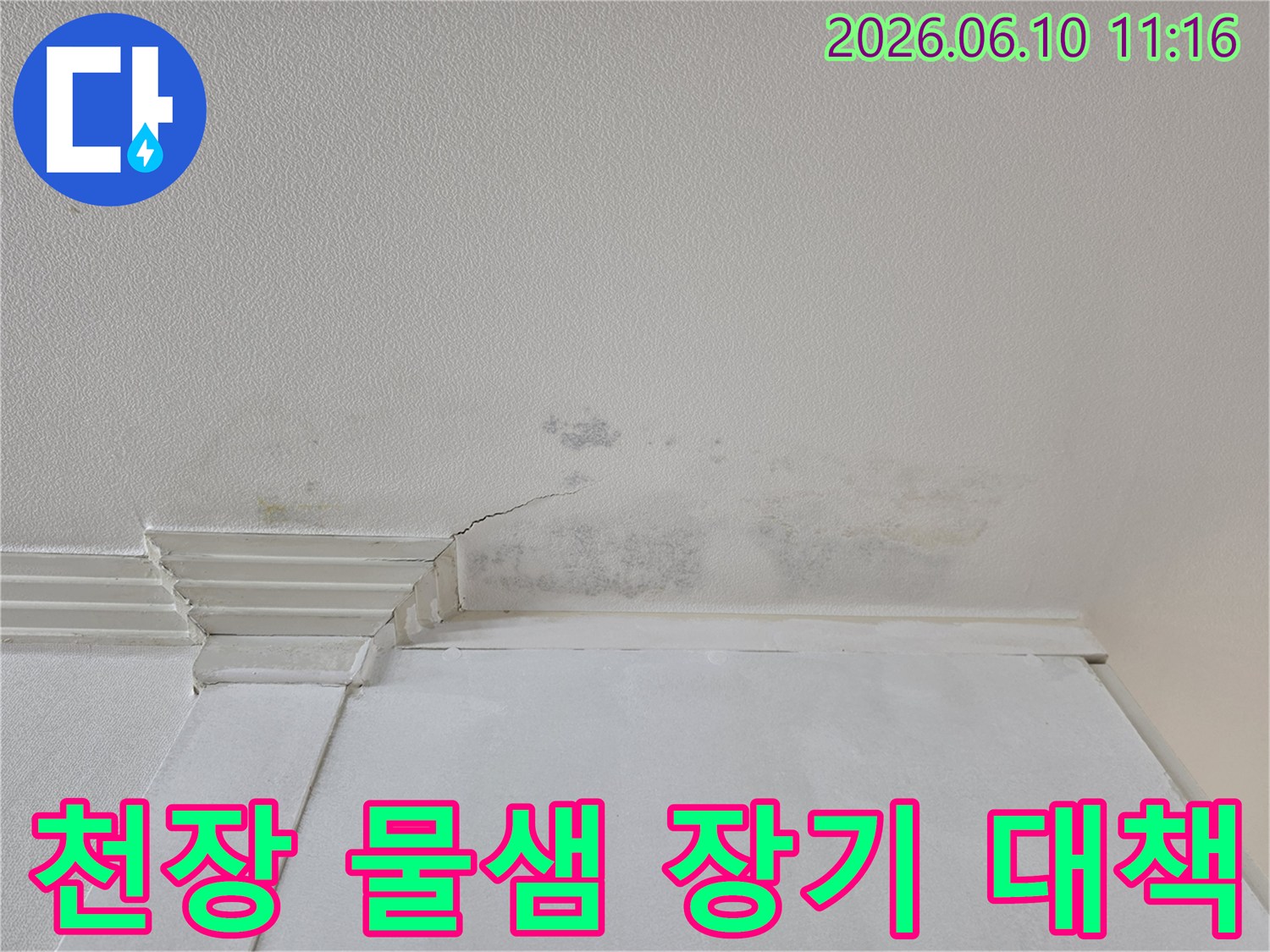 천장에서 물이 새어-발생한-광범위한-곰팡이와-균열을-장기적으로-대응하는-모습입니다