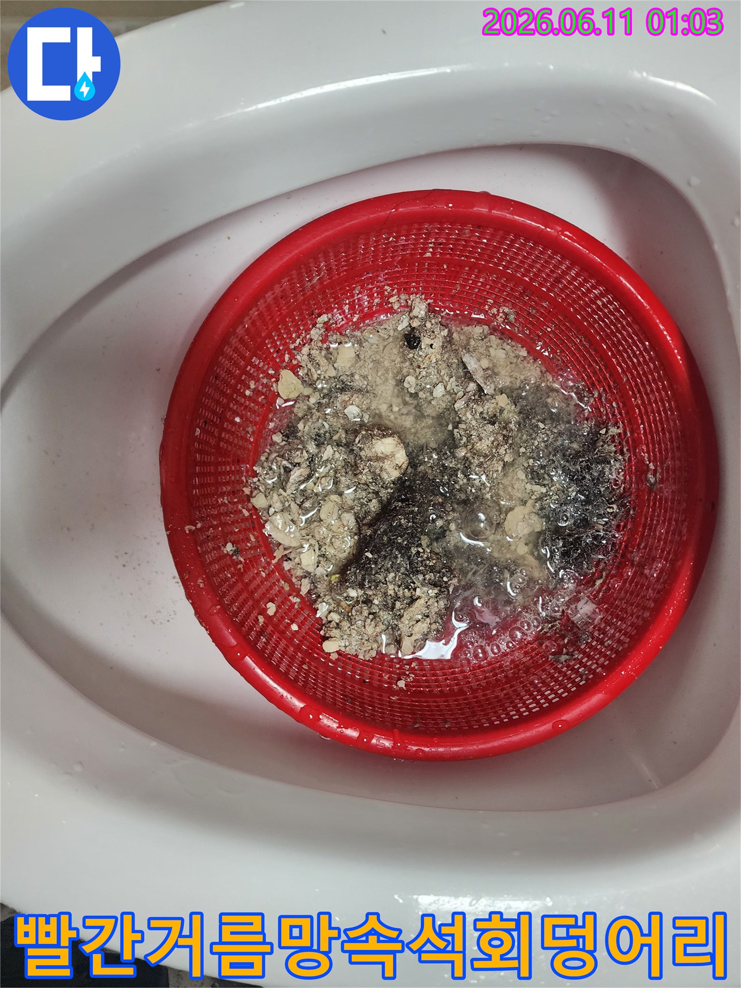 빨간색 거름망에 모여있는 하수구 석회와 이물질 찌꺼기