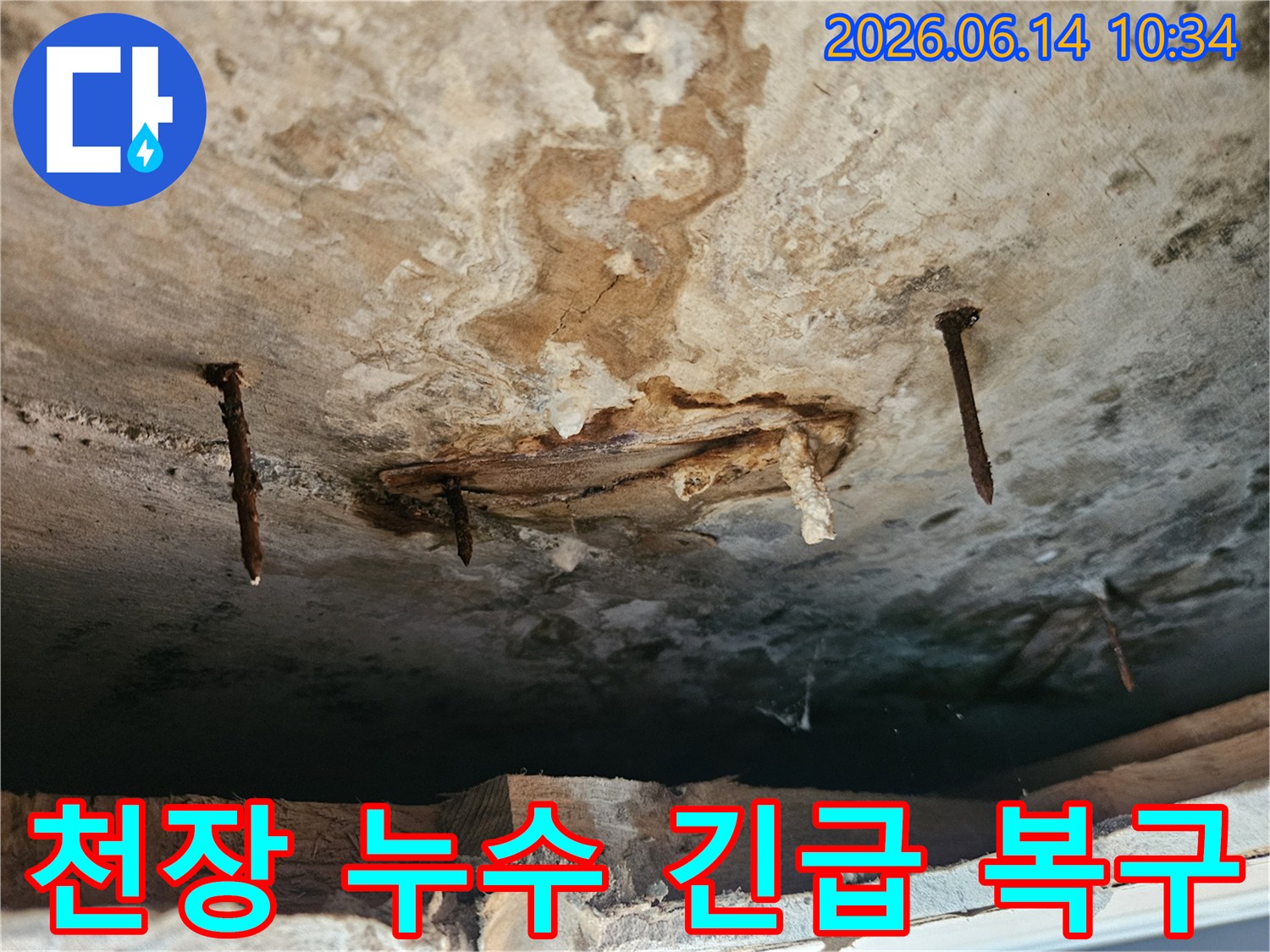 천장에서 발생한 심각한 누수로 인해-마감재가 손상되고-녹슨 못이 드러난-긴급 복구가 필요한 현장입니다.