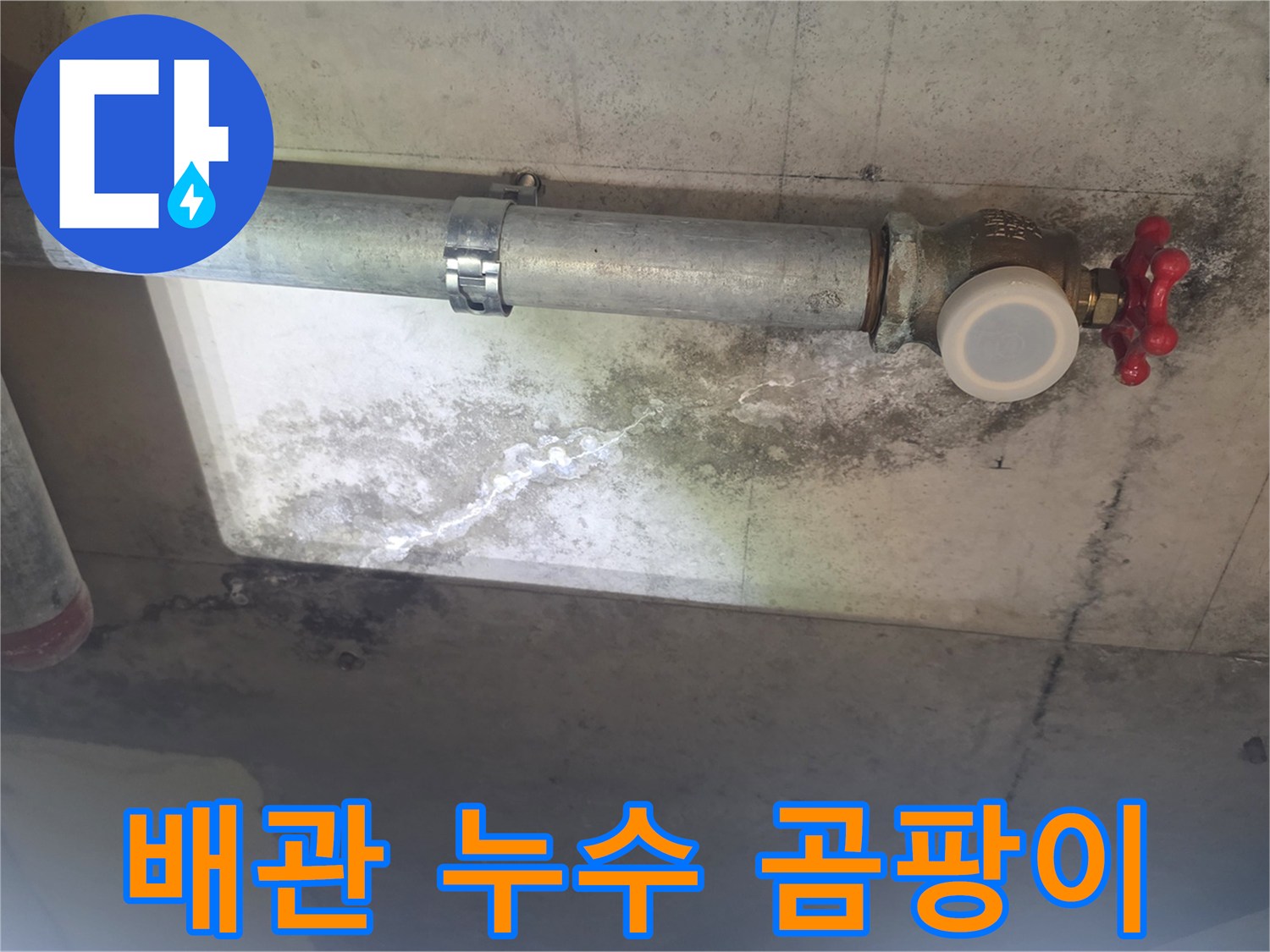 이 이미지는 천장 배관 주변에 생긴 누수로-인한 하얀 석회질 자국과-검은 곰팡이 얼룩을 보여주며-배관의 노후 상태를 나타냅니다