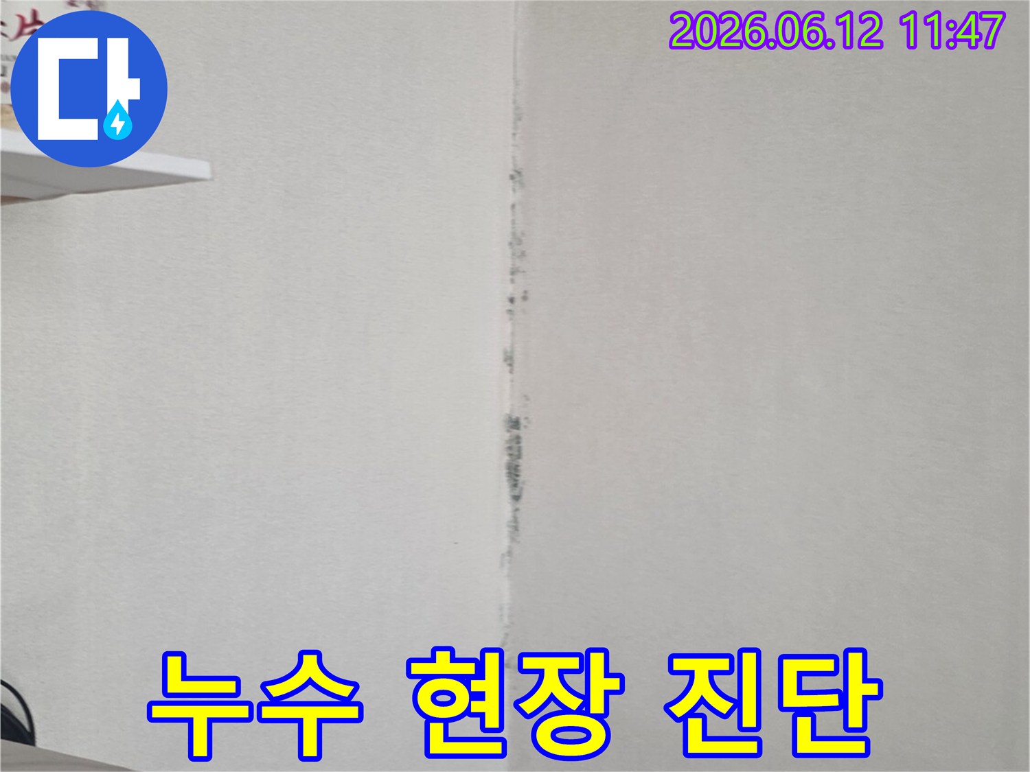 천장 모서리에 검은 곰팡이가 번져 있어-전문가의 현장 방문을 통한 정확한 누수 진단이 필요함을 보여줍니다.