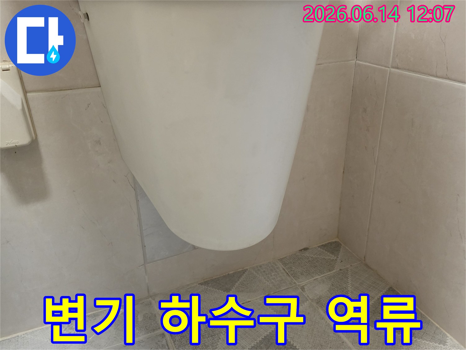 변기 하단부에서 하수구 역류로 인한 오염이 발생한 모습으로-배관 문제를 시사합니다.